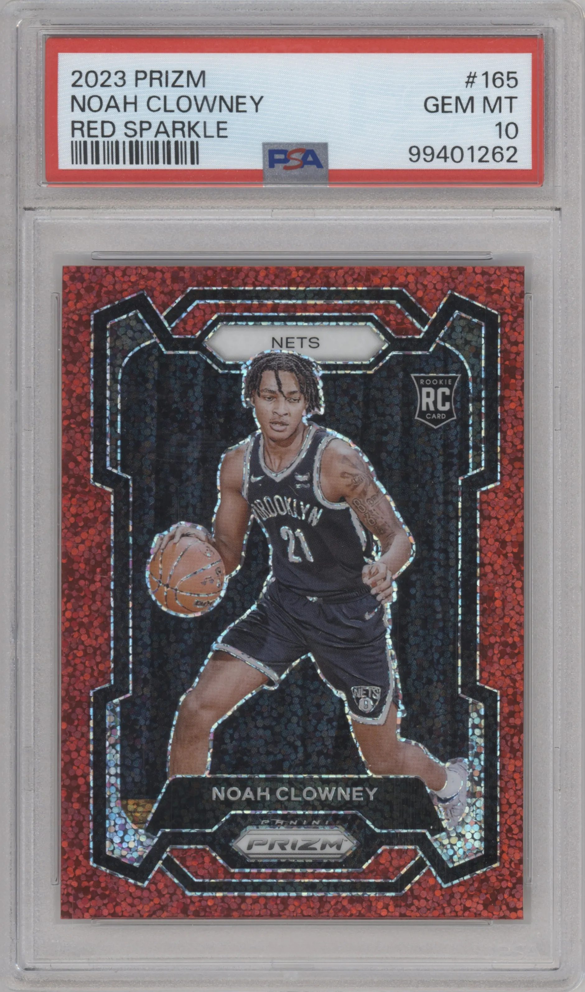 Noah Clowney from the 2023-24 Panini Prizm set featuring a Red Sparkle parallel graded by PSA and given an overall grade of 10.