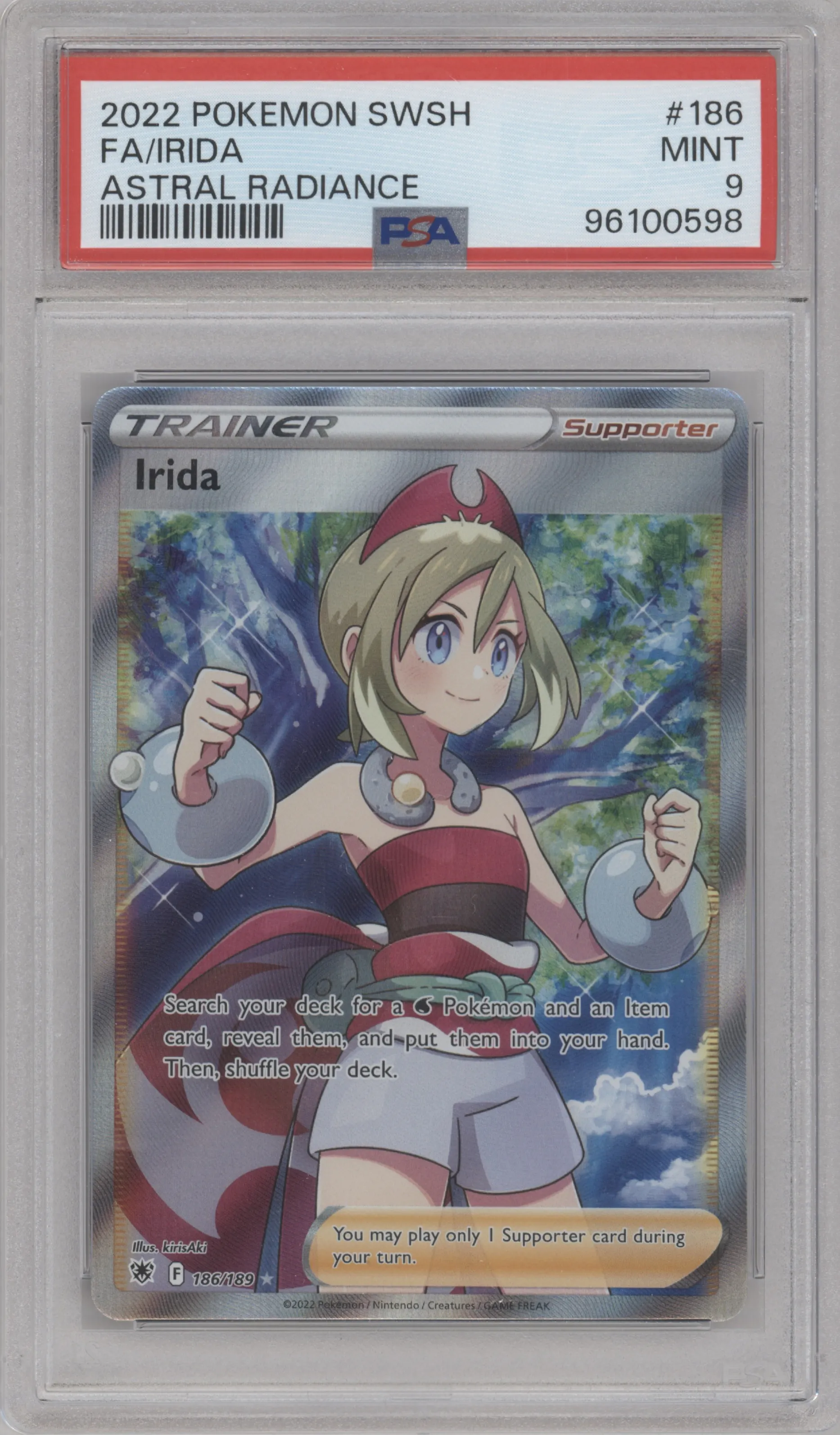 Irida from the 2022 Pokemon SWSH set graded by PSA and given an overall grade of 9.