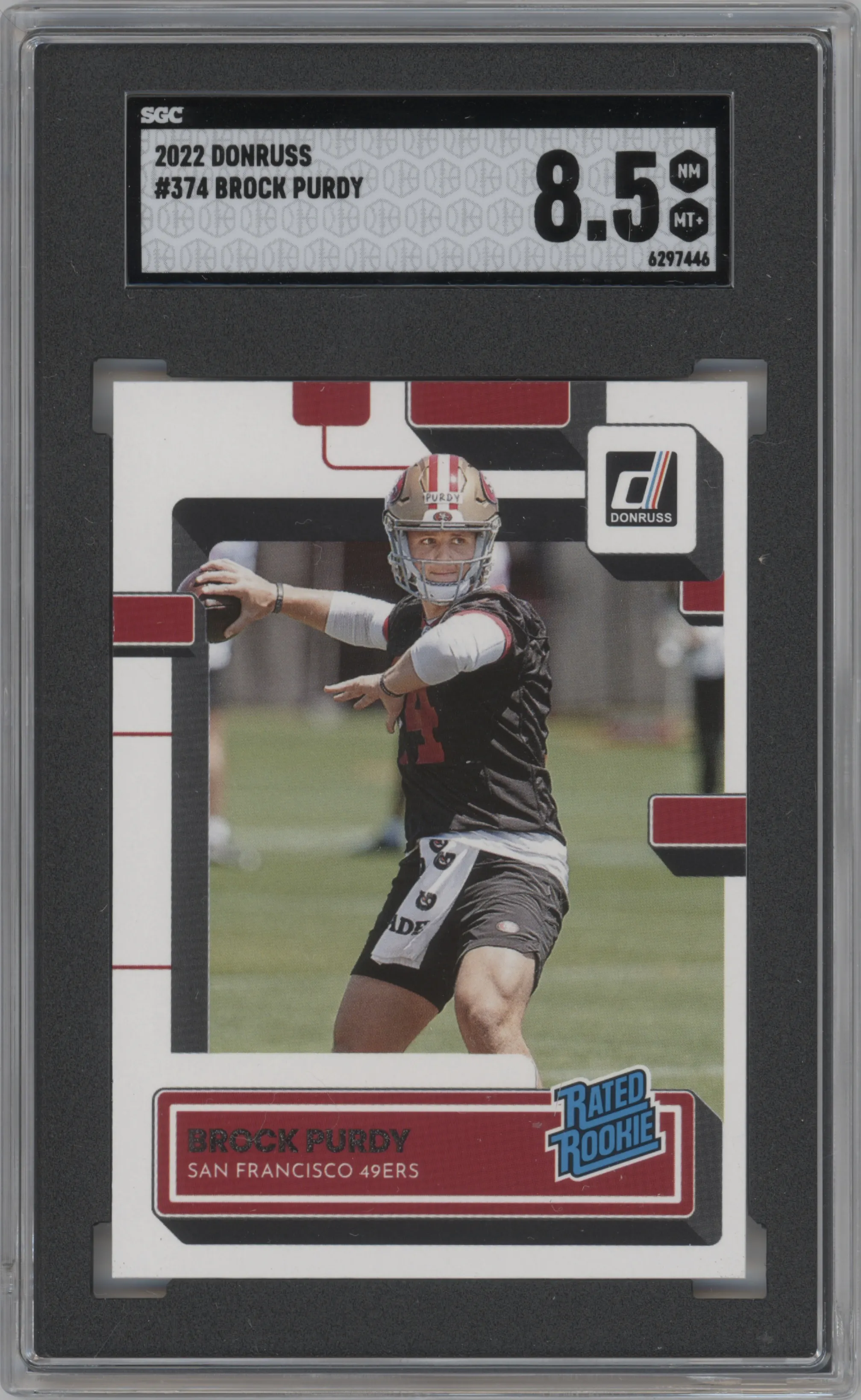 Brock Purdy from the 2022 Panini Donruss set graded by SGC and given an overall grade of 8.5.