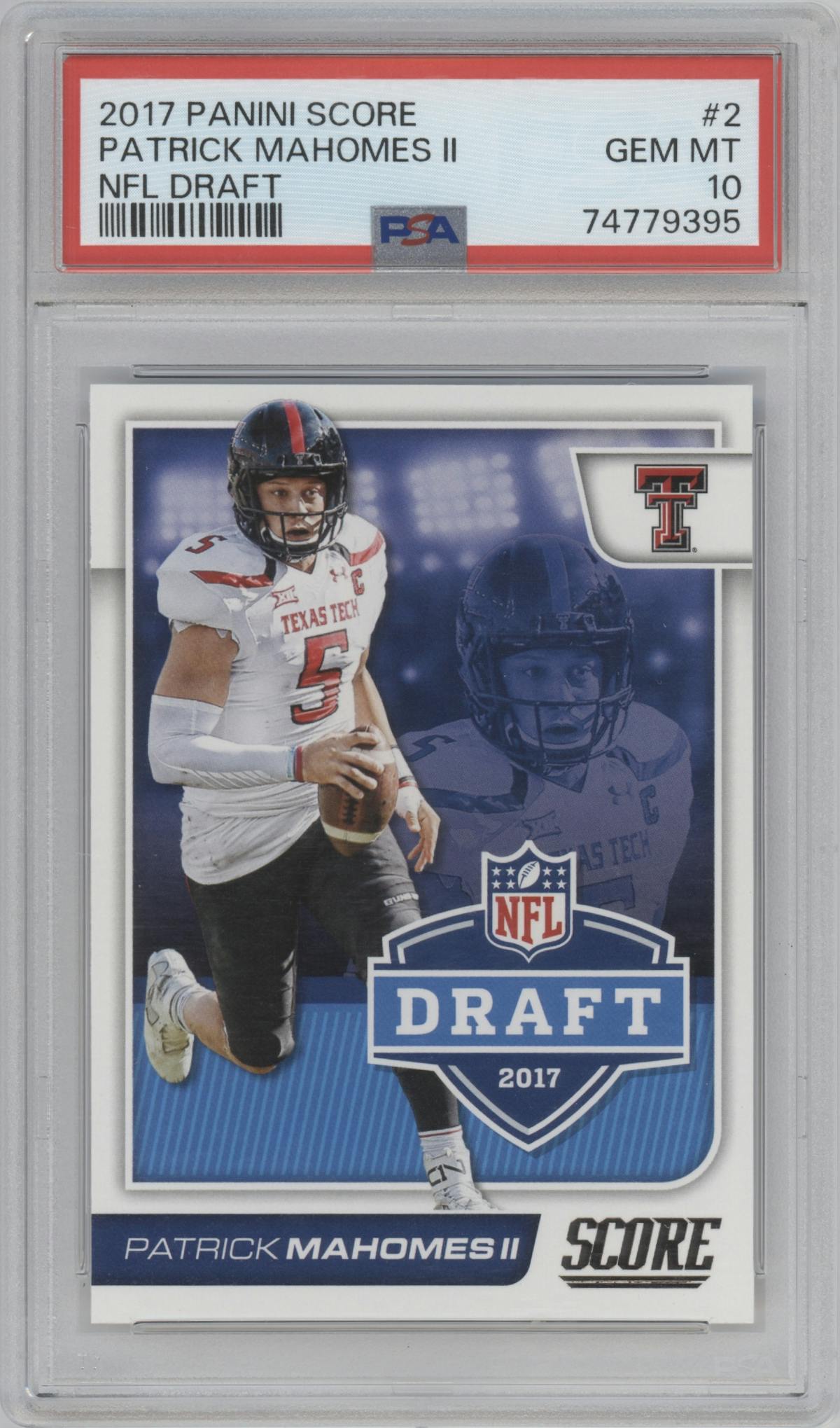 Patrick Mahomes II from the 2017 Panini Score set graded by PSA and given an overall grade of 10.