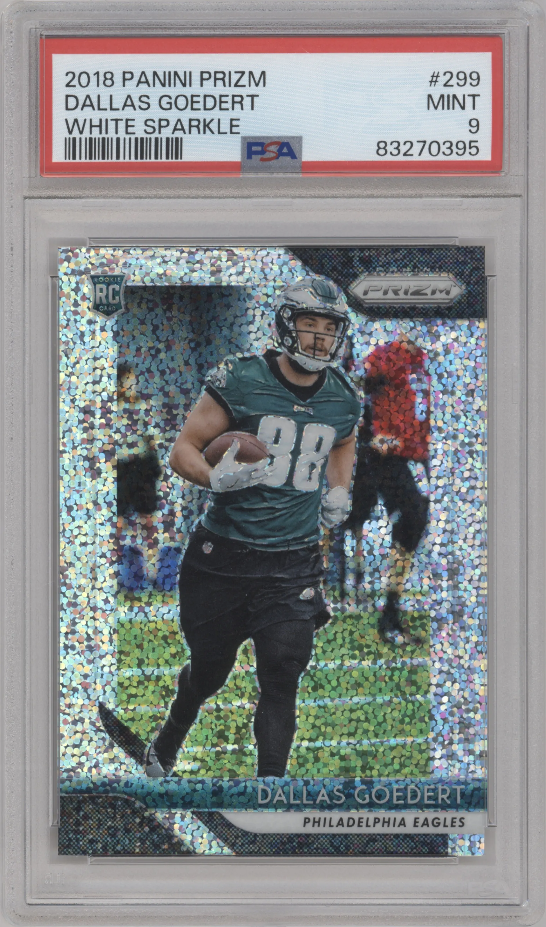 Dallas Goedert from the 2018 Panini Prizm set featuring a Online Exclusive White Sparkle parallel graded by PSA and given an overall grade of 9.