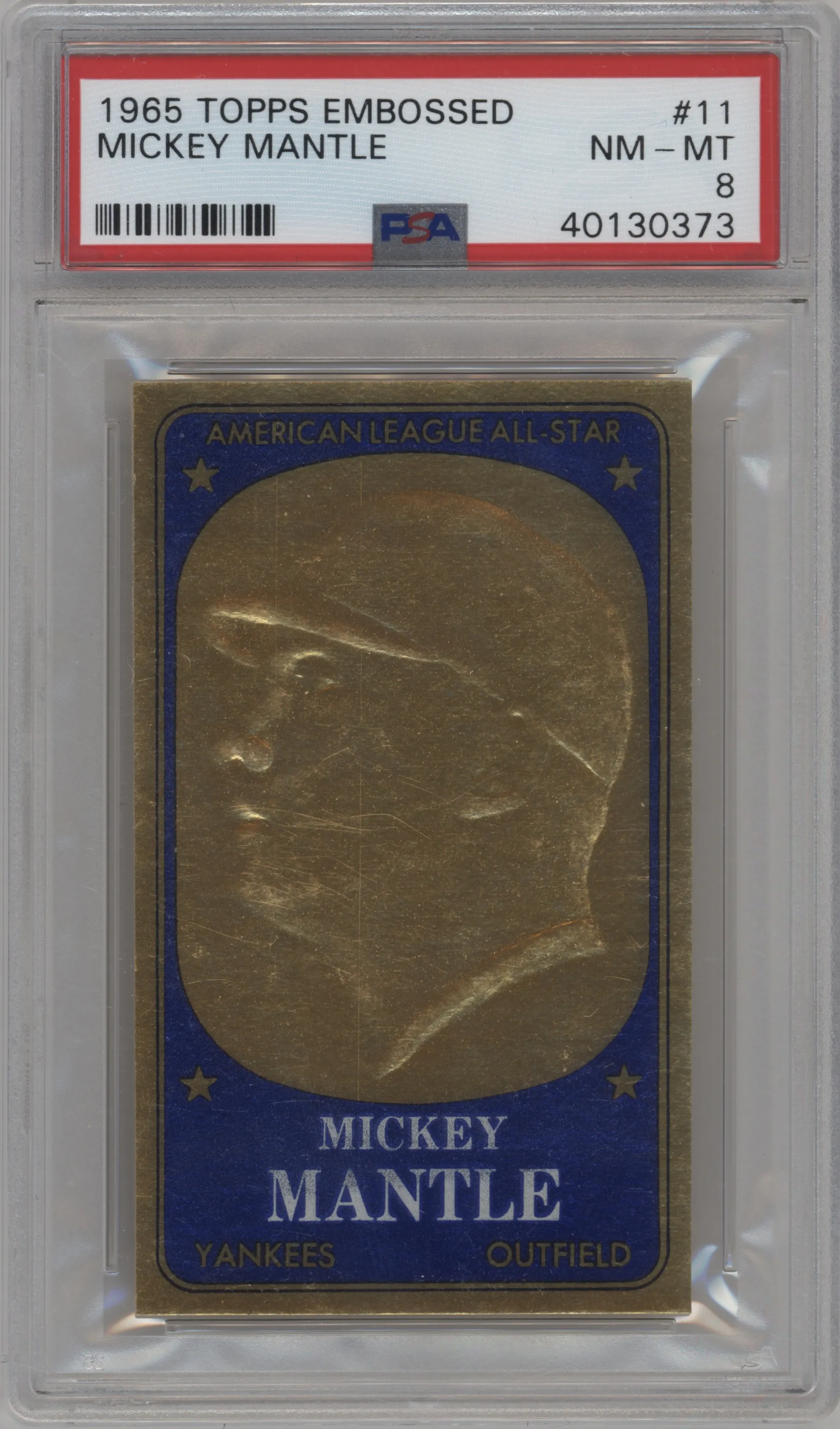 Mickey Mantle from the 1965 Topps set graded by PSA and given an overall grade of 8.