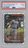 Jasson Dominguez from the 2024 Topps Chrome Update set featuring a X-Fractor parallel graded by PSA and given an overall grade of 9.