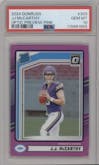 J.J. McCarthy from the 2024 Donruss set featuring a Pink parallel graded by PSA and given an overall grade of 10.
