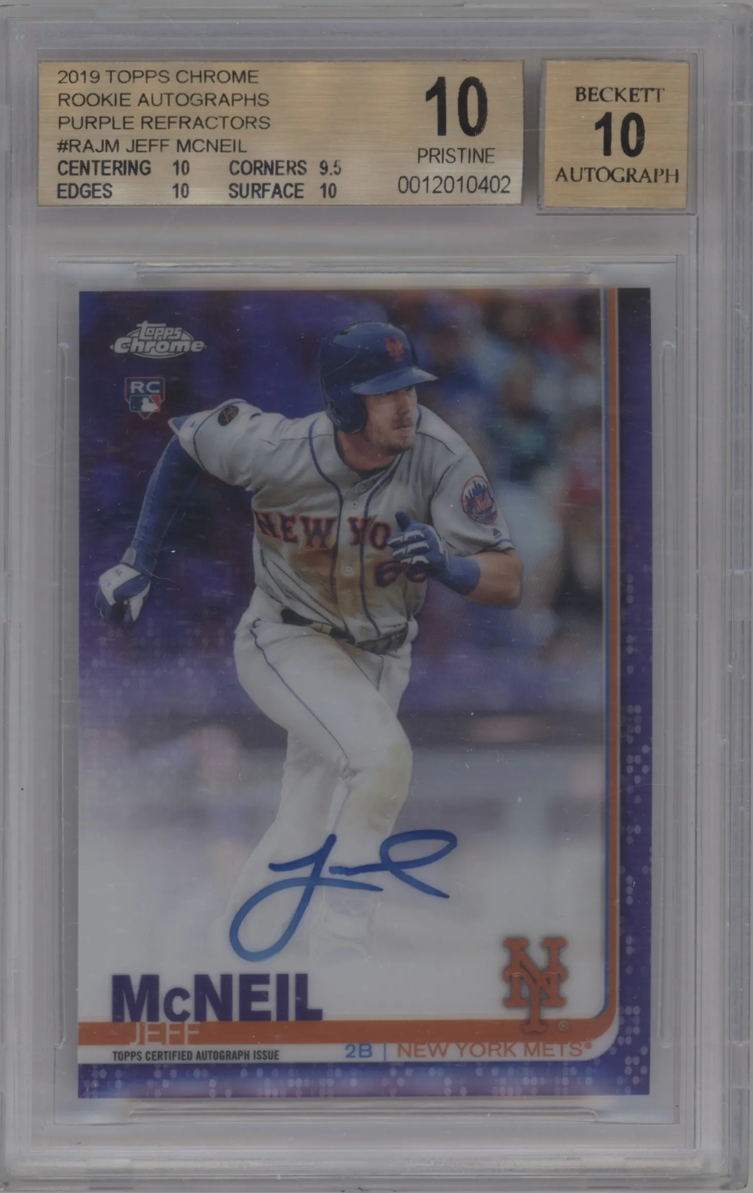 2019 Topps Chrome Rke.Auto Jeff McNeil Purple Refractor BGS 10