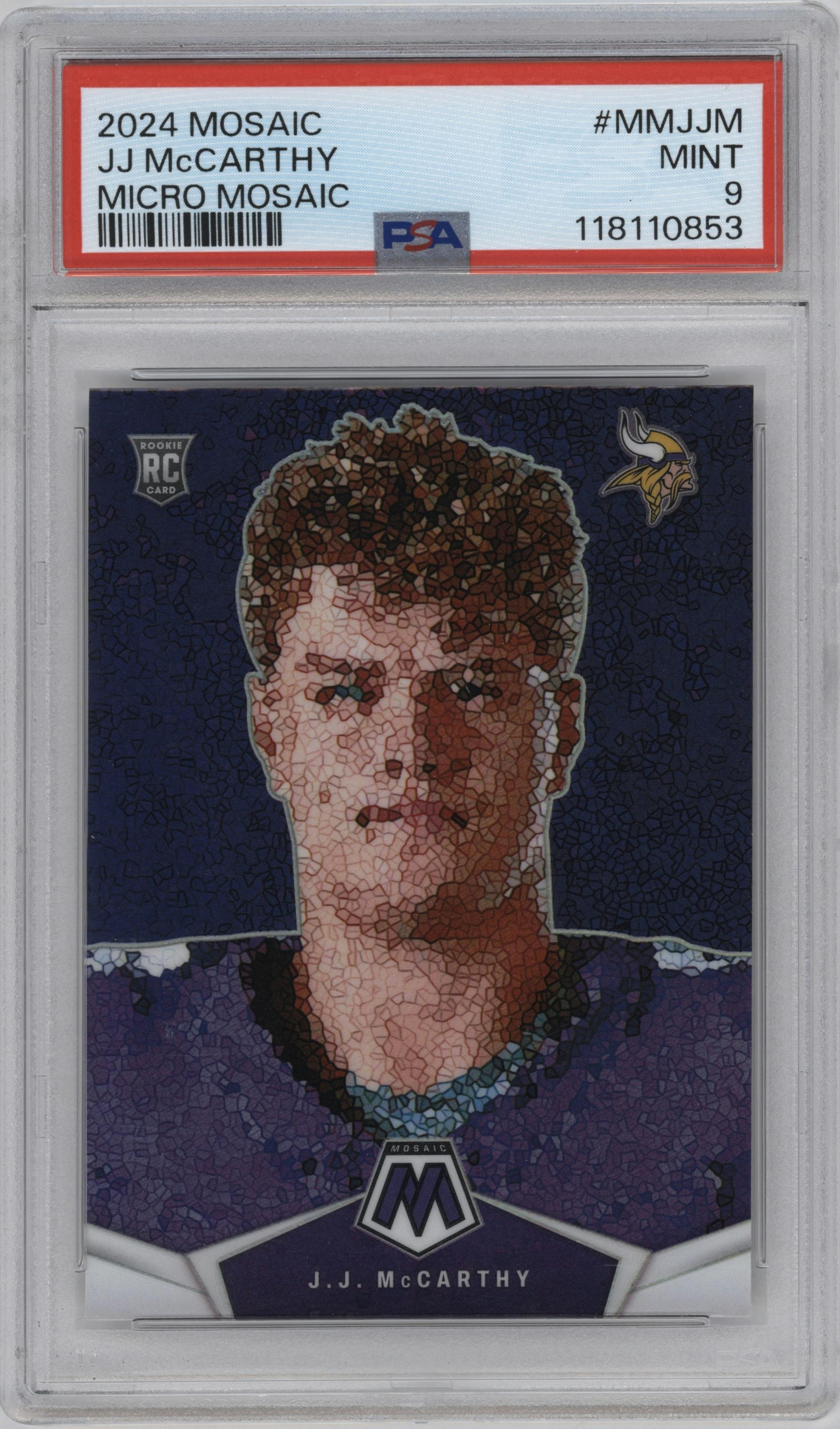 J.J. McCarthy from the 2024 Panini Mosaic set graded by PSA and given an overall grade of 9.