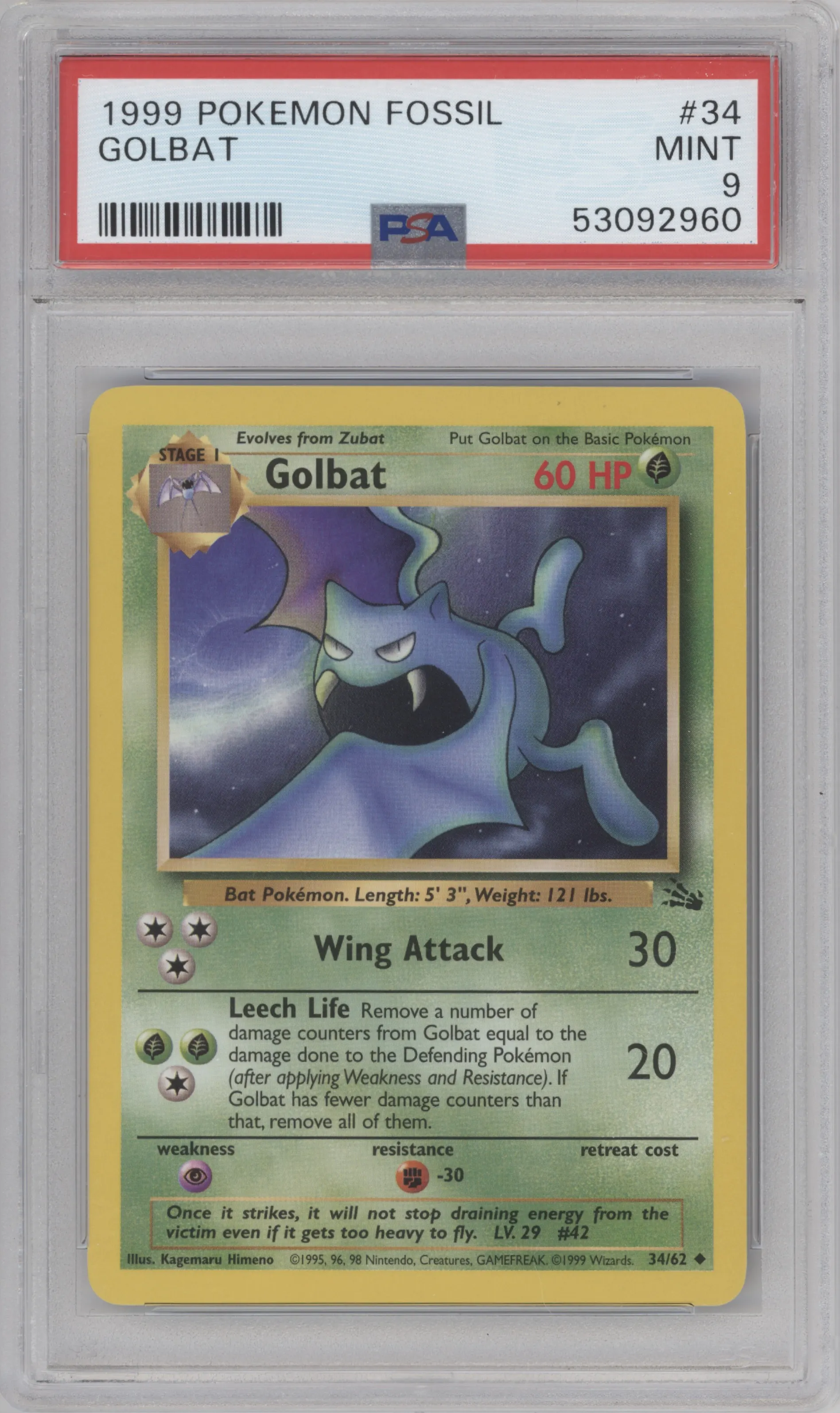 Golbat from the 1999 Pokemon set graded by PSA and given an overall grade of 9.