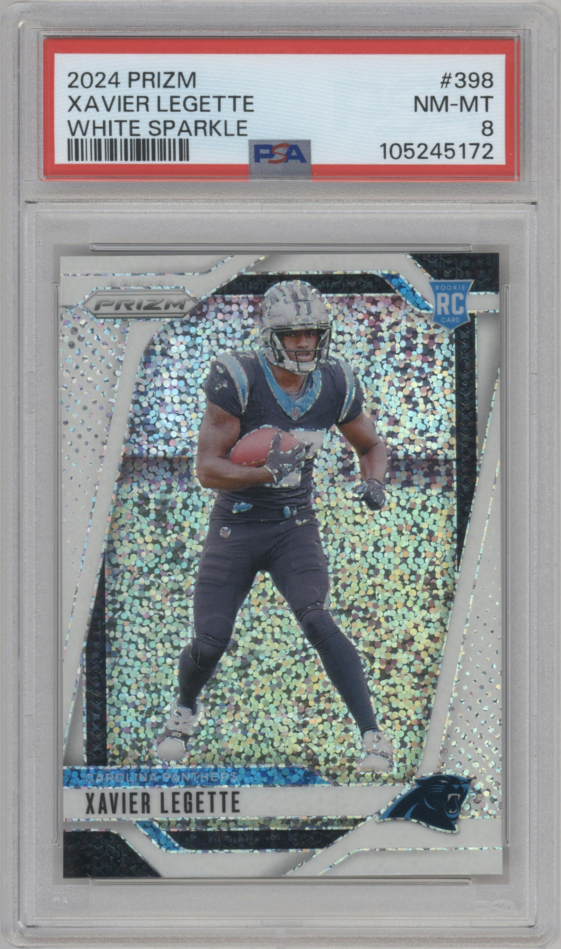 Xavier Legette from the 2024 Panini Prizm set featuring a White Sparkle parallel graded by PSA and given an overall grade of 8.