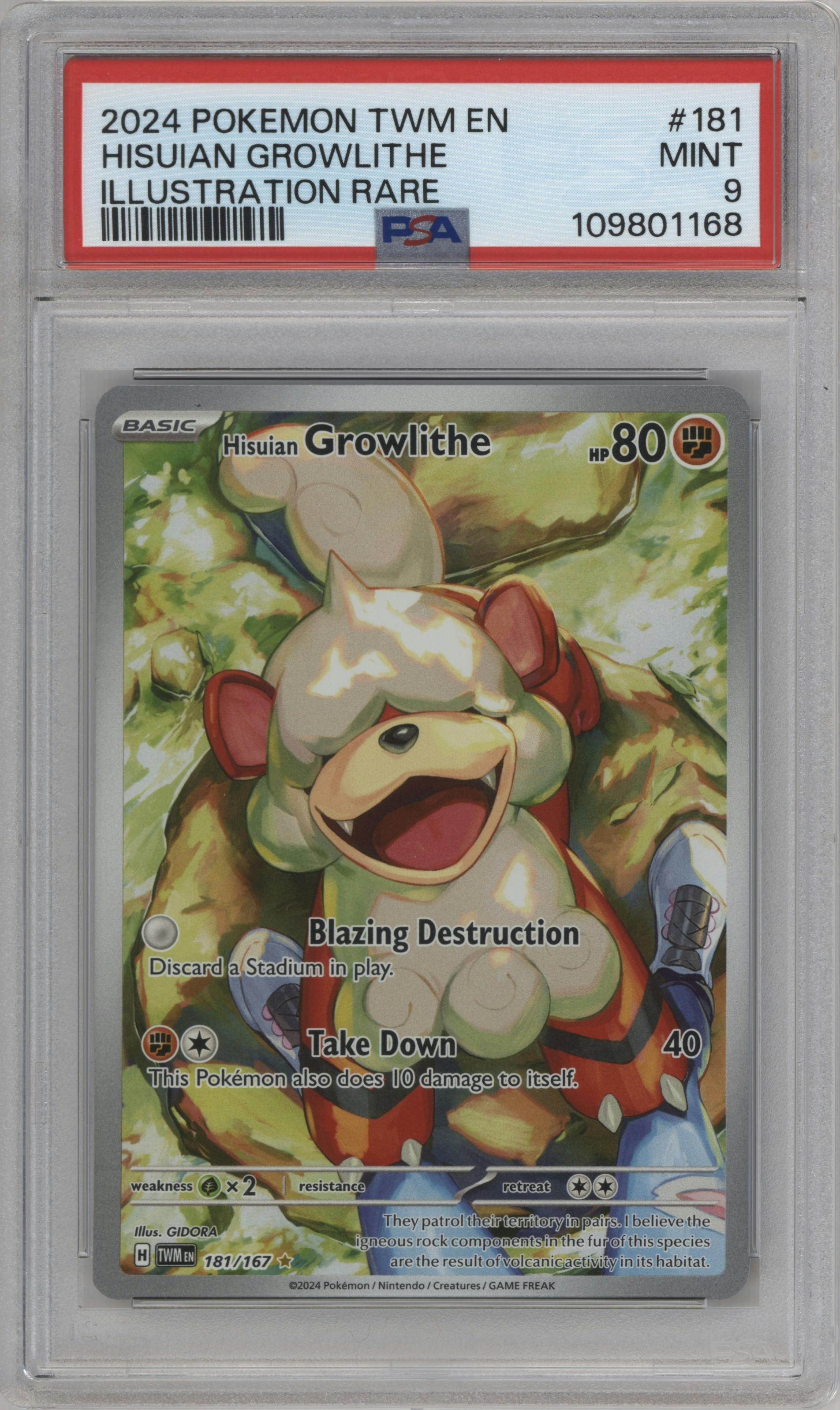 Hisuian Growlithe from the 2024 Pokemon SV set graded by PSA and given an overall grade of 9.