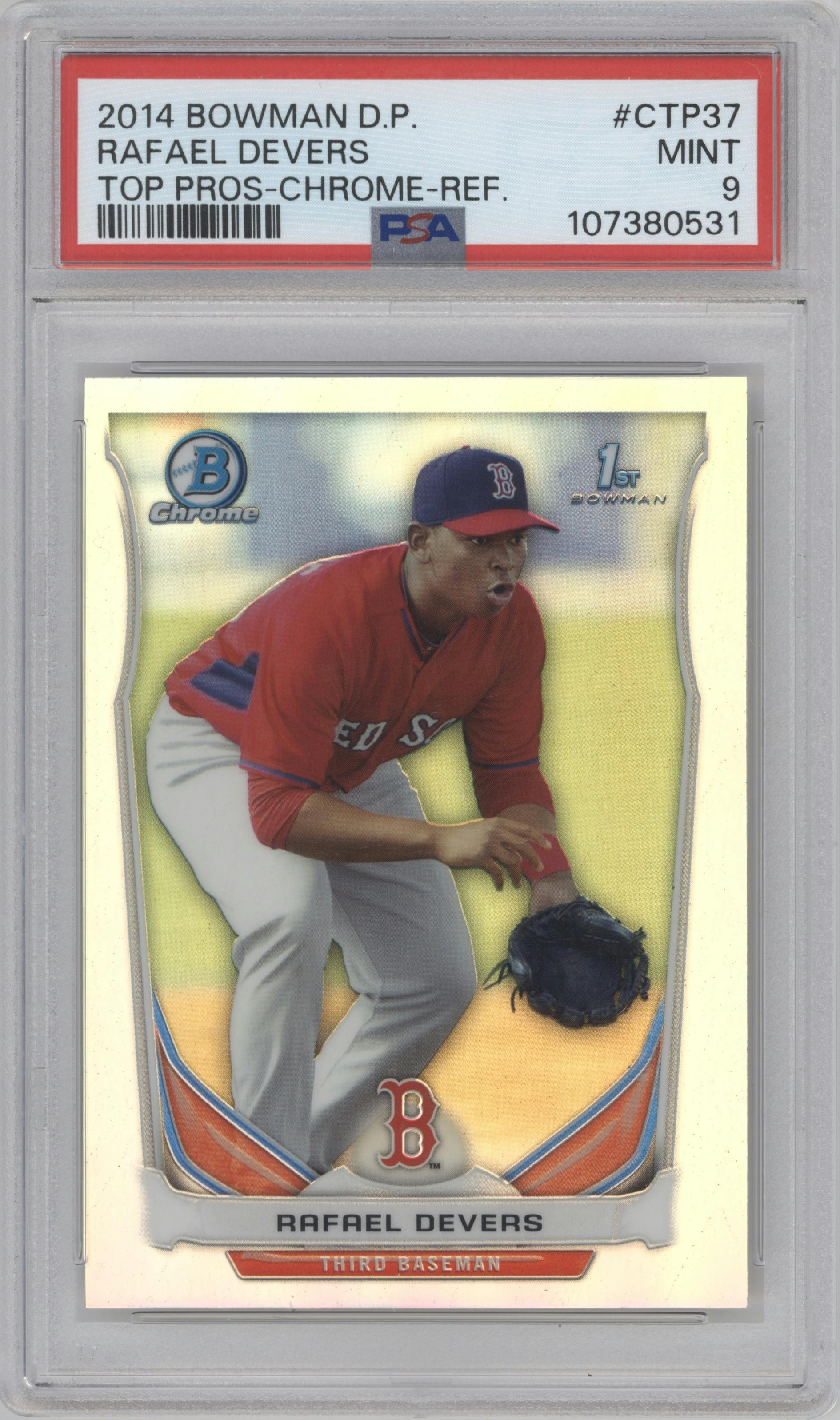 Rafael Devers from the 2014 Bowman Draft  set featuring a Refractor parallel graded by PSA and given an overall grade of 9.
