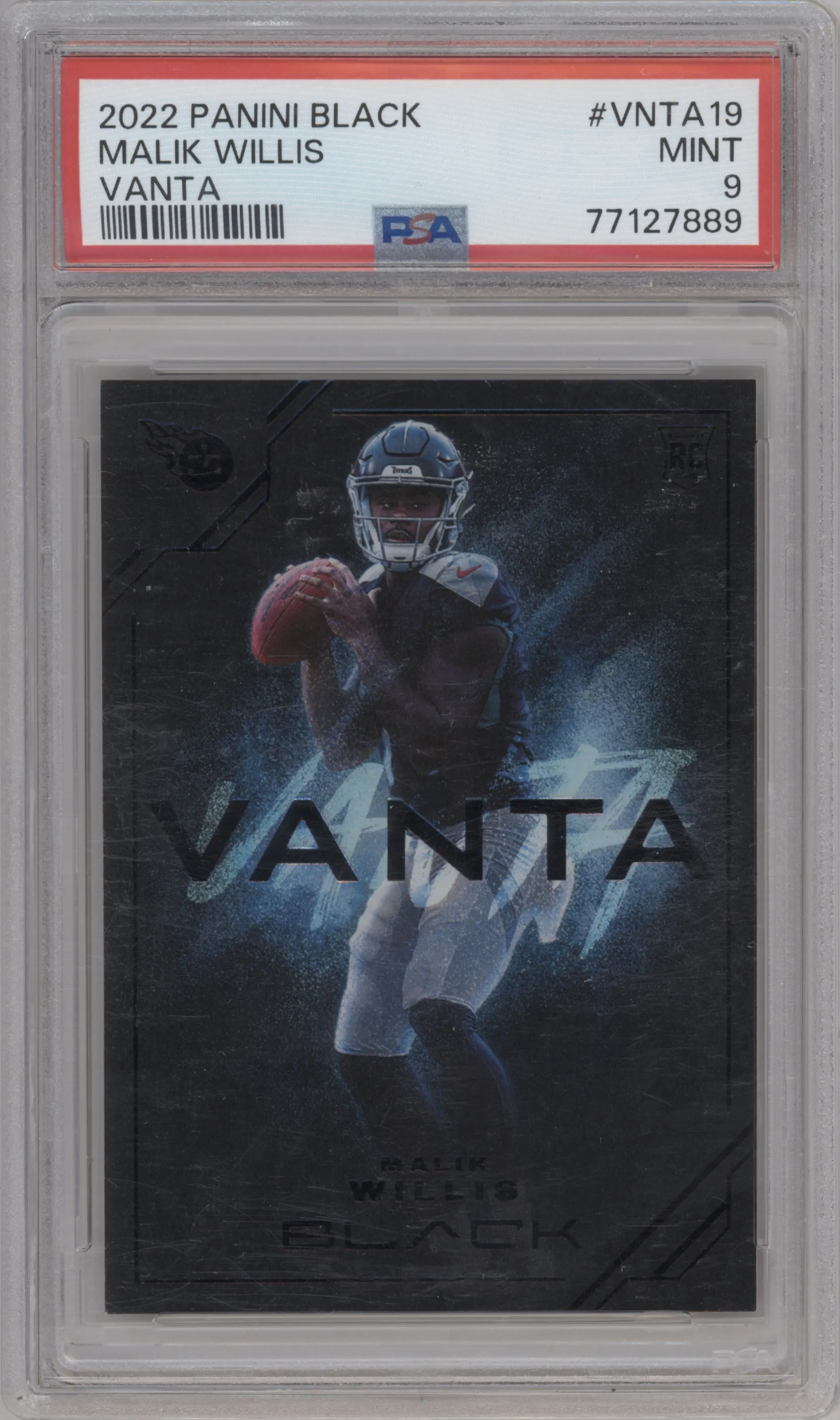 Malik Willis from the 2022 Panini Black set graded by PSA and given an overall grade of 9.