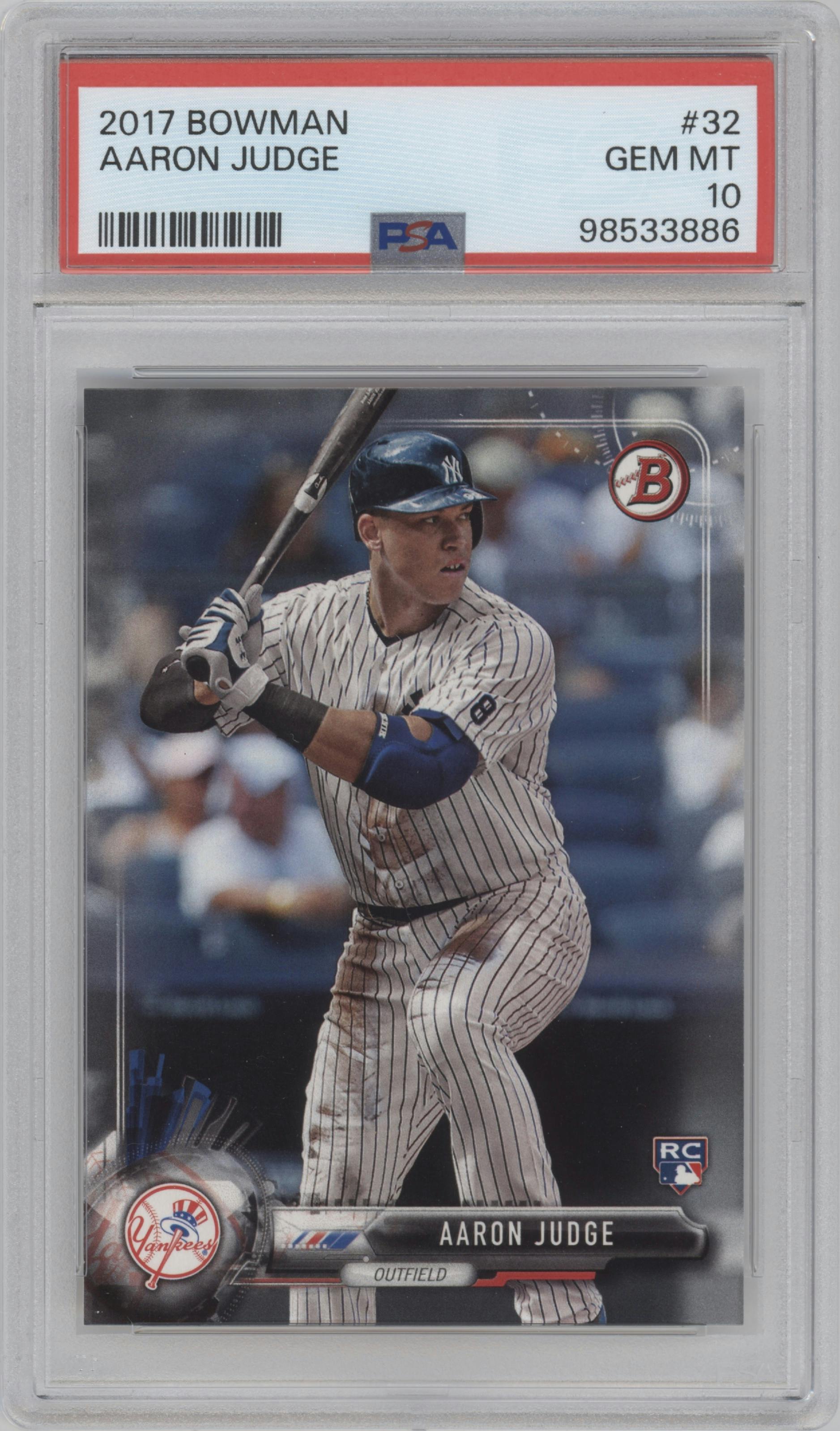 Aaron Judge from the 2017 Bowman set graded by PSA and given an overall grade of 10.