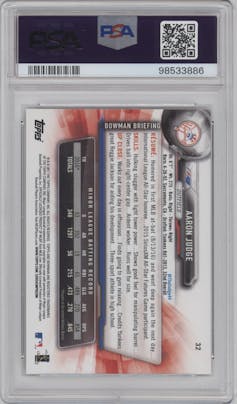 Aaron Judge from the 2017 Bowman set graded by PSA and given an overall grade of 10.