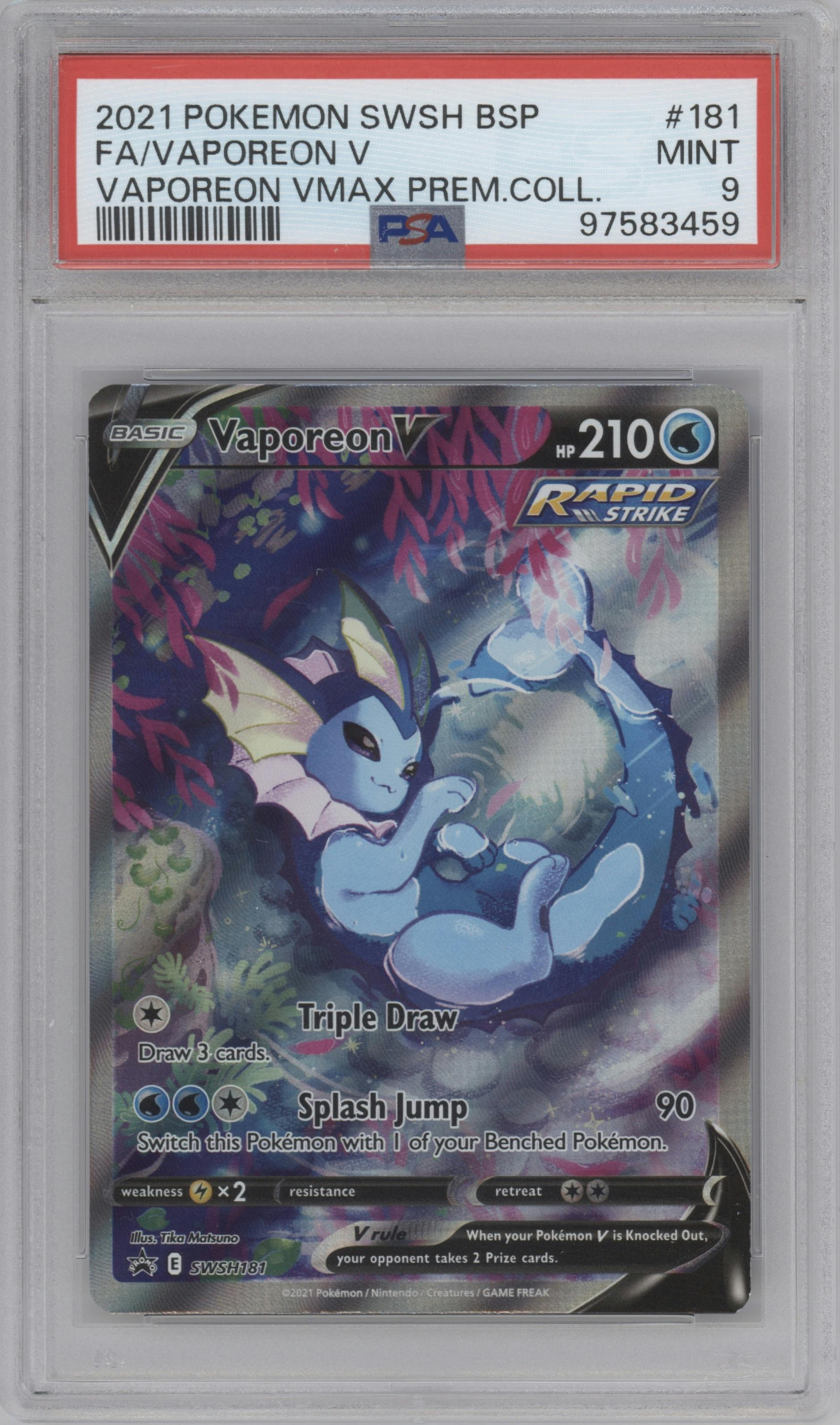 Vaporeon V from the 2021 Pokemon SWSH set featuring a Vaporeon VMAX Premium Collection parallel graded by PSA and given an overall grade of 9.