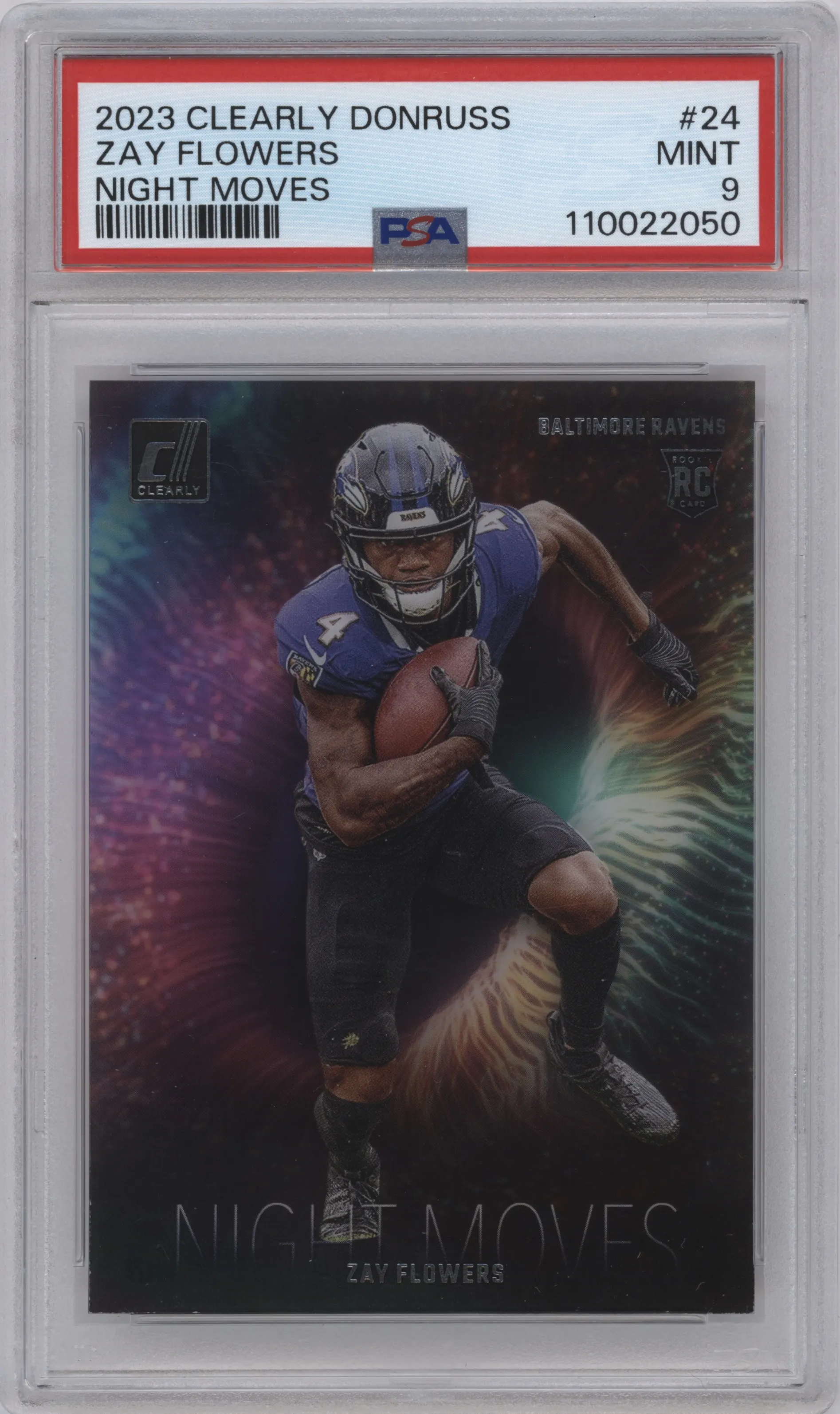 Zay Flowers from the 2023 Clearly Donruss set graded by PSA and given an overall grade of 9.