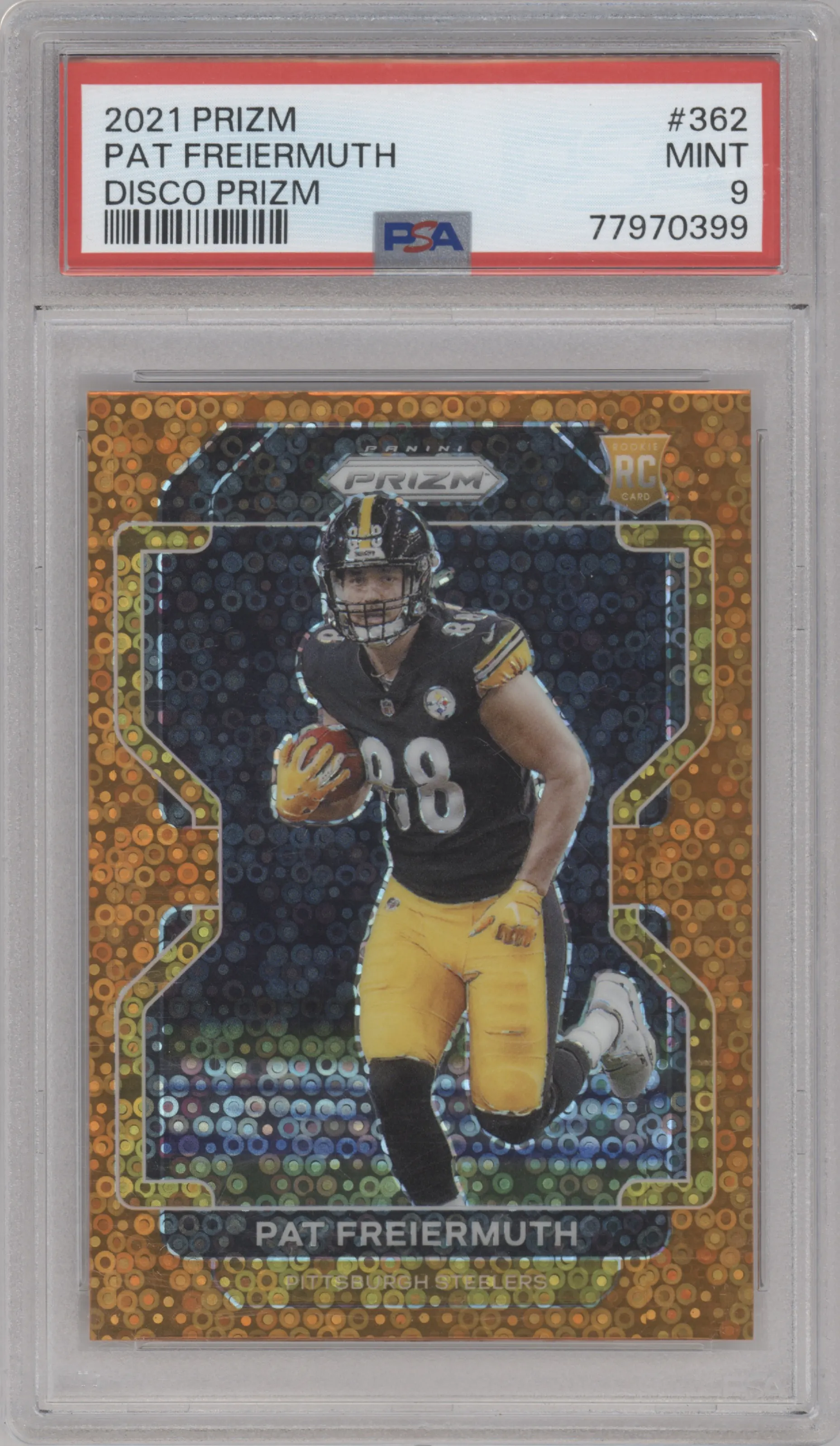 Pat Freiermuth from the 2021 Panini Prizm set featuring a Disco parallel graded by PSA and given an overall grade of 9.
