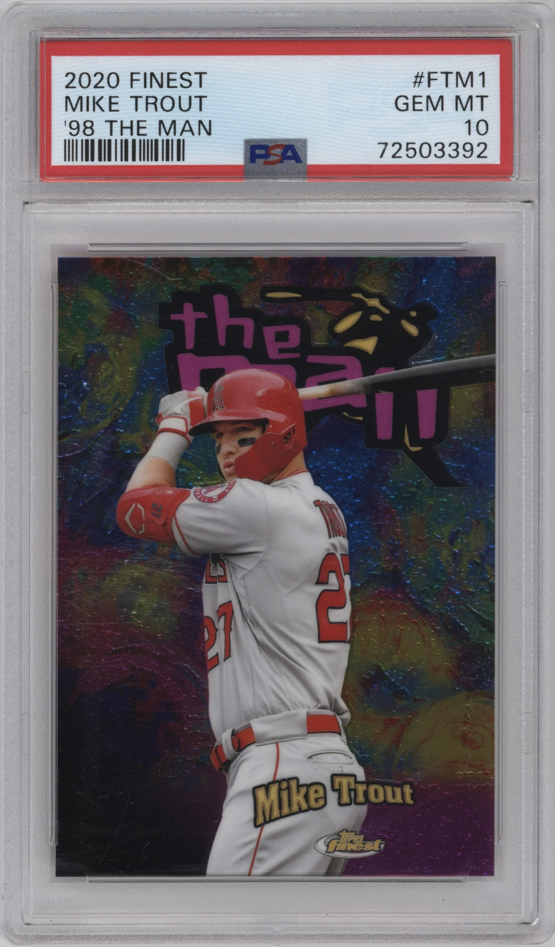 Mike Trout from the 2020 Topps Finest set graded by PSA and given an overall grade of 10.
