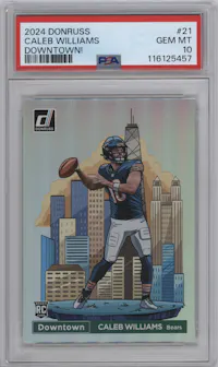 Caleb Williams from the 2024 Donruss set graded by PSA and given an overall grade of 10.