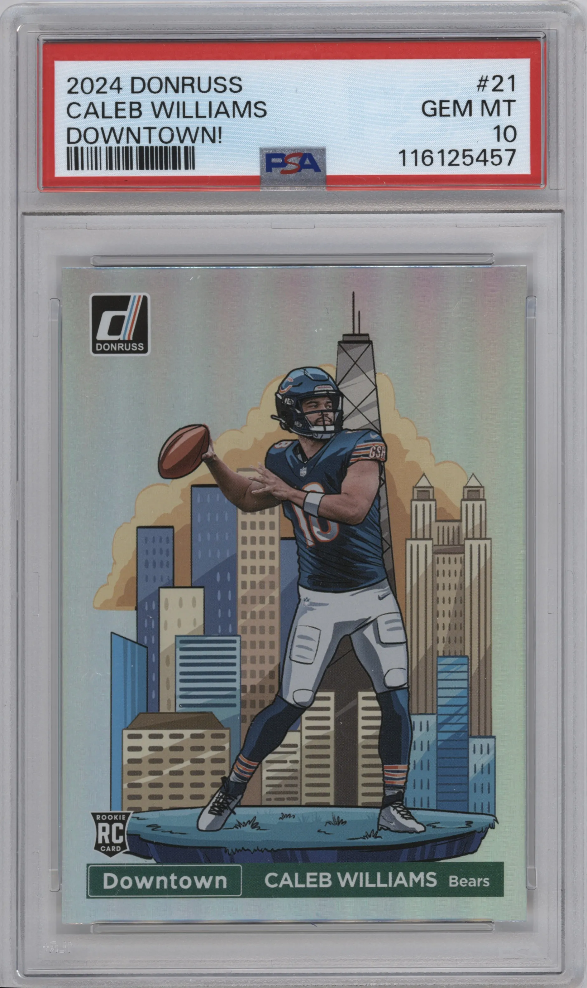 Caleb Williams from the 2024 Donruss set graded by PSA and given an overall grade of 10.