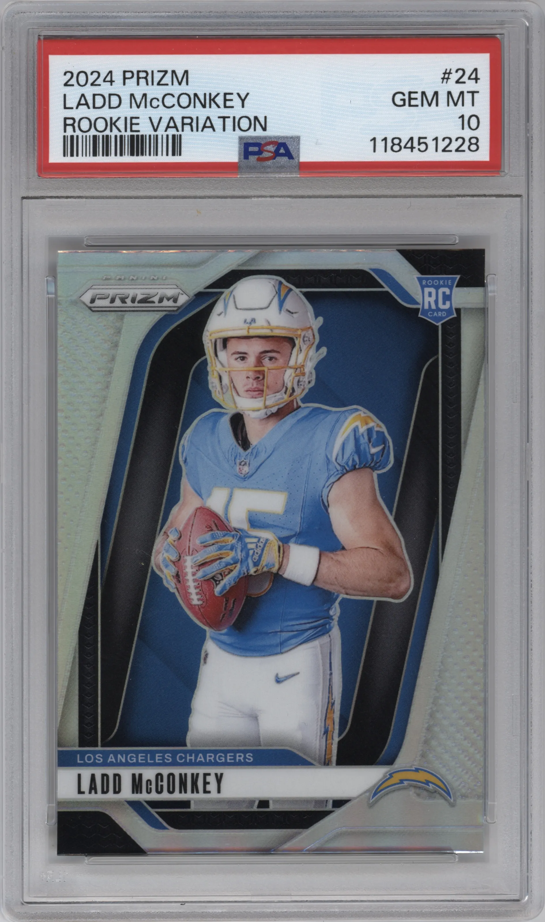 Ladd McConkey from the 2024 Panini Prizm set graded by PSA and given an overall grade of 10.