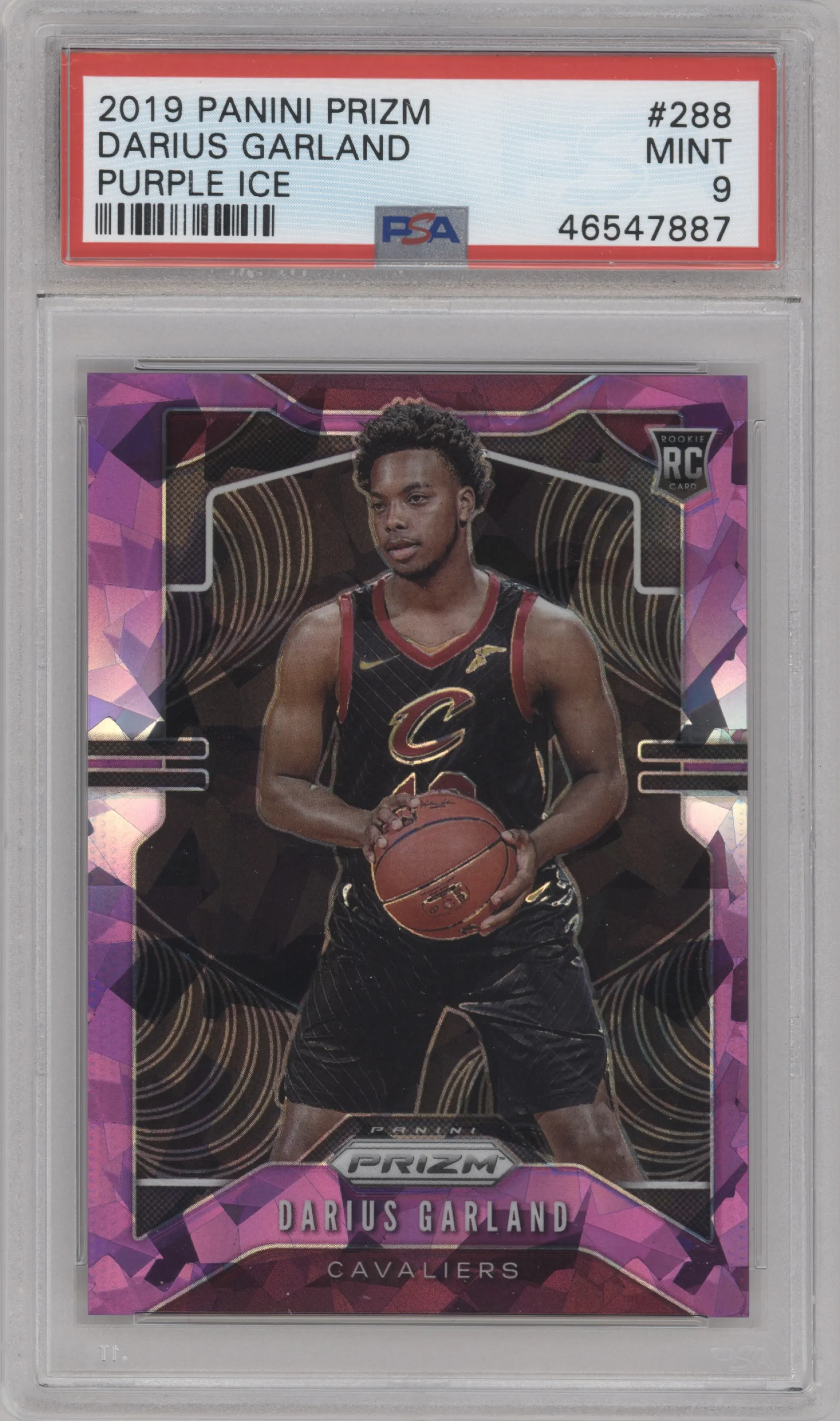 Darius Garland from the 2019-20 Panini Prizm set featuring a Purple Ice parallel graded by PSA and given an overall grade of 9.