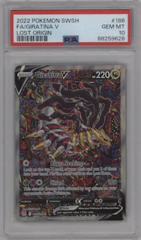 Giratina V from the 2022 Pokemon SWSH set graded by PSA and given an overall grade of 10.