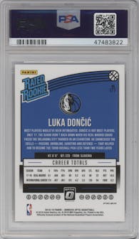 Luka Doncic from the 2018-19 Panini Donruss Optic set featuring a Shock parallel graded by PSA and given an overall grade of 8.