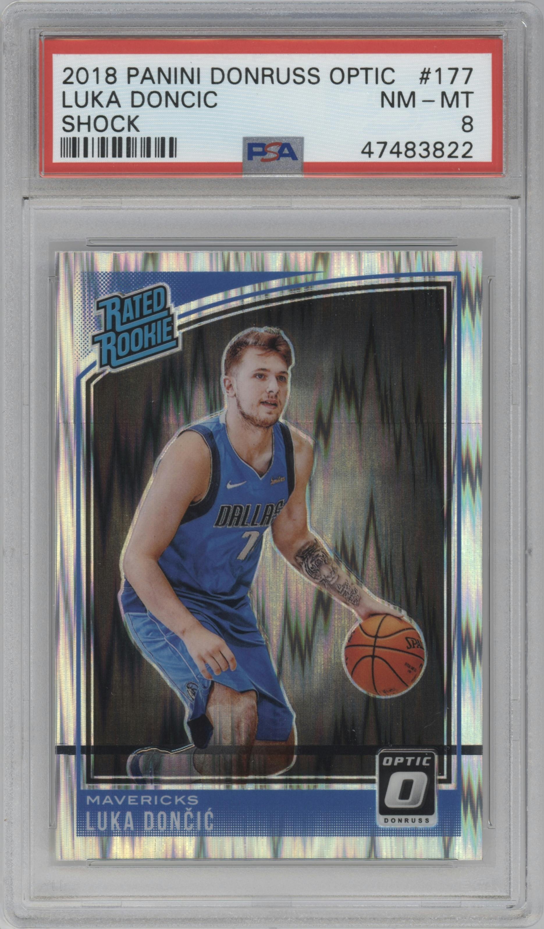 Luka Doncic from the 2018-19 Panini Donruss Optic set featuring a Shock parallel graded by PSA and given an overall grade of 8.