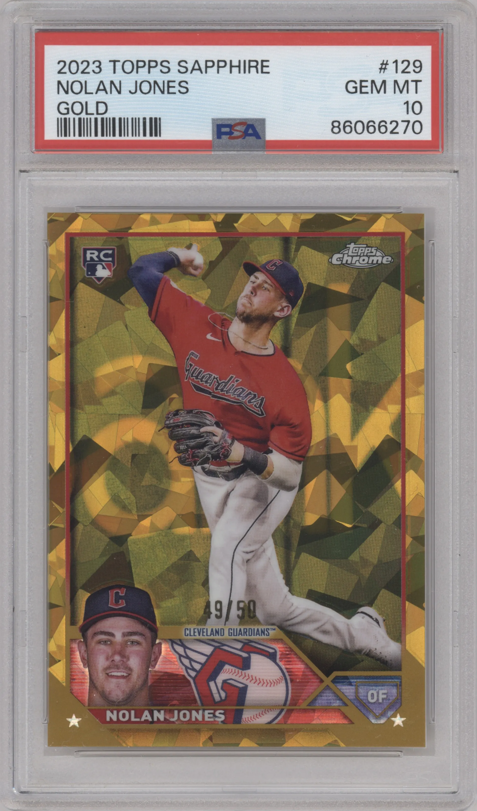 Nolan Jones from the 2023 Topps Chrome Sapphire set featuring a Gold parallel graded by PSA and given an overall grade of 10.