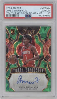 Amen Thompson  from the 2023-24 Panini Select  set featuring a Green Ice parallel graded by PSA and given an overall grade of 10.