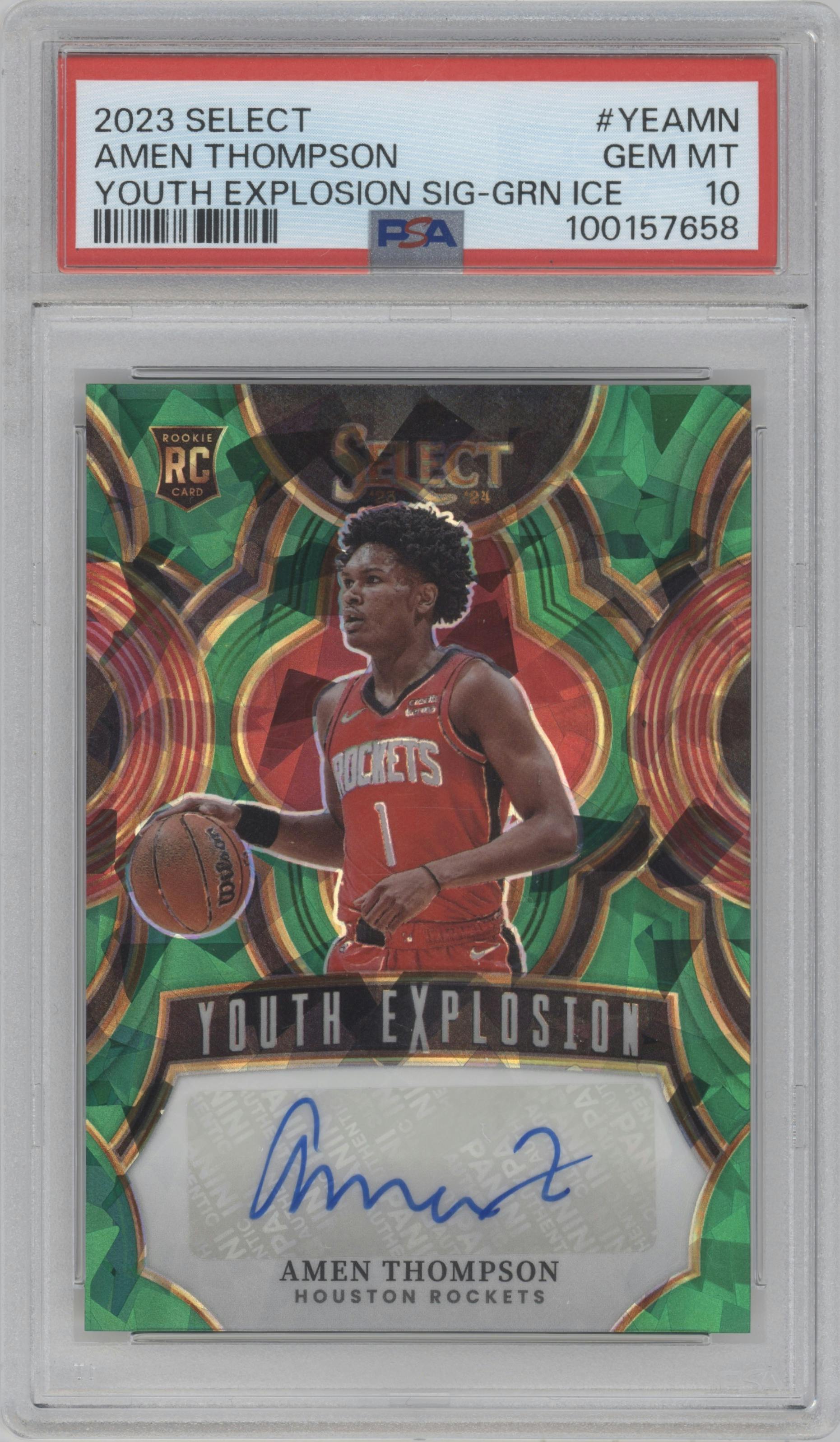 Amen Thompson  from the 2023-24 Panini Select  set featuring a Green Ice parallel graded by PSA and given an overall grade of 10.