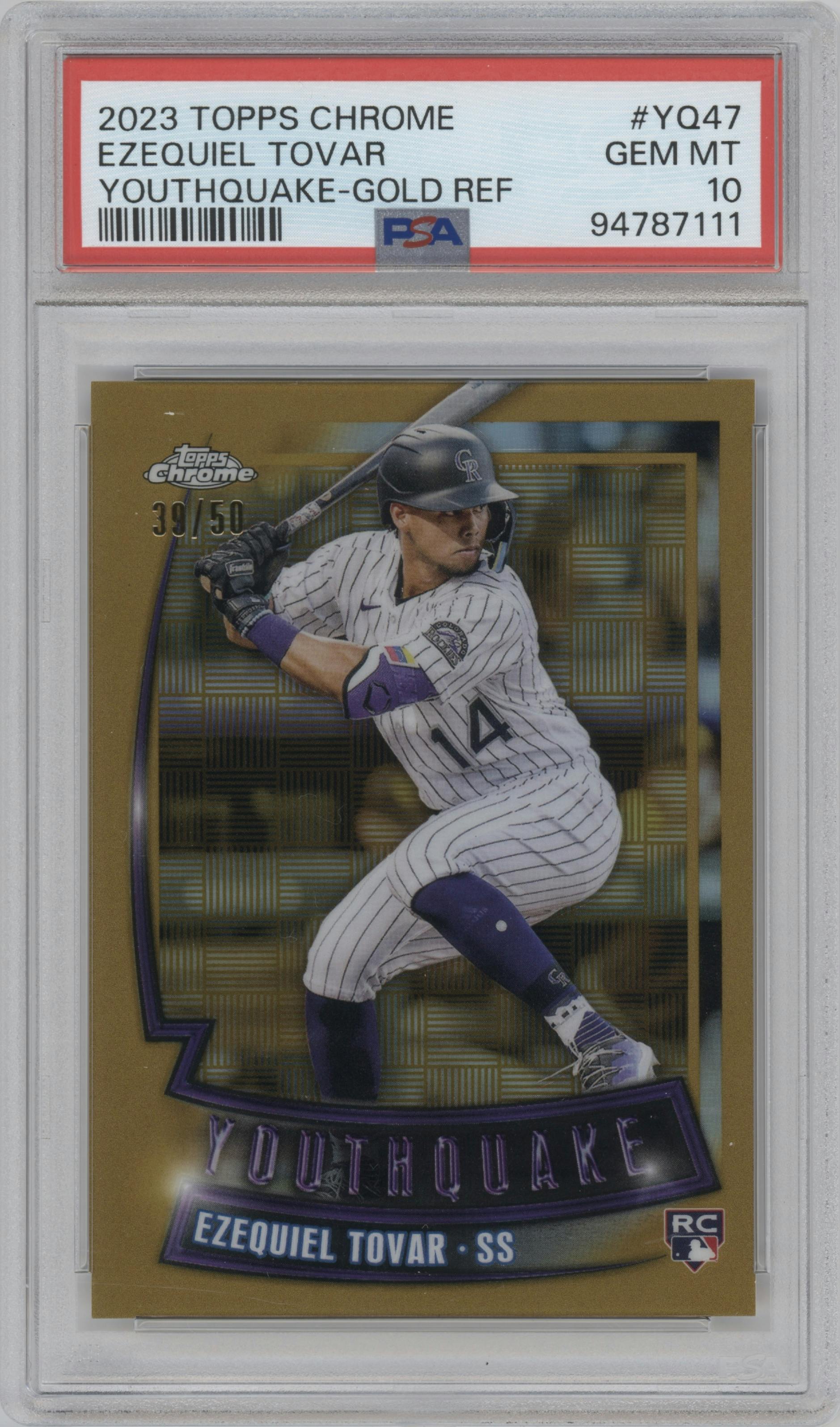 Ezequiel Tovar from the 2023 Topps Chrome set featuring a Gold parallel graded by PSA and given an overall grade of 10.