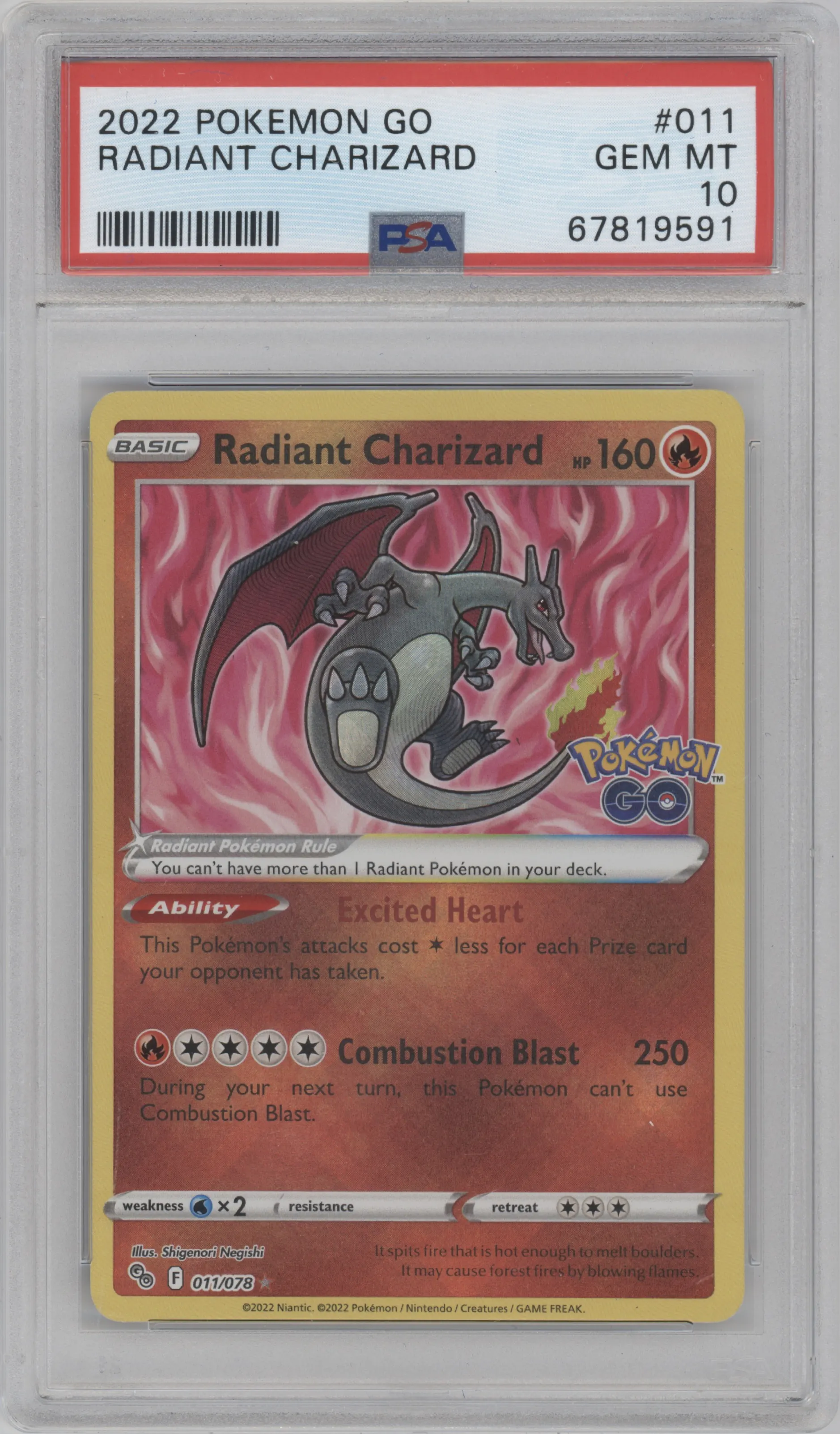 Radiant Charizard from the 2022 Pokemon SWSH set graded by PSA and given an overall grade of 10.