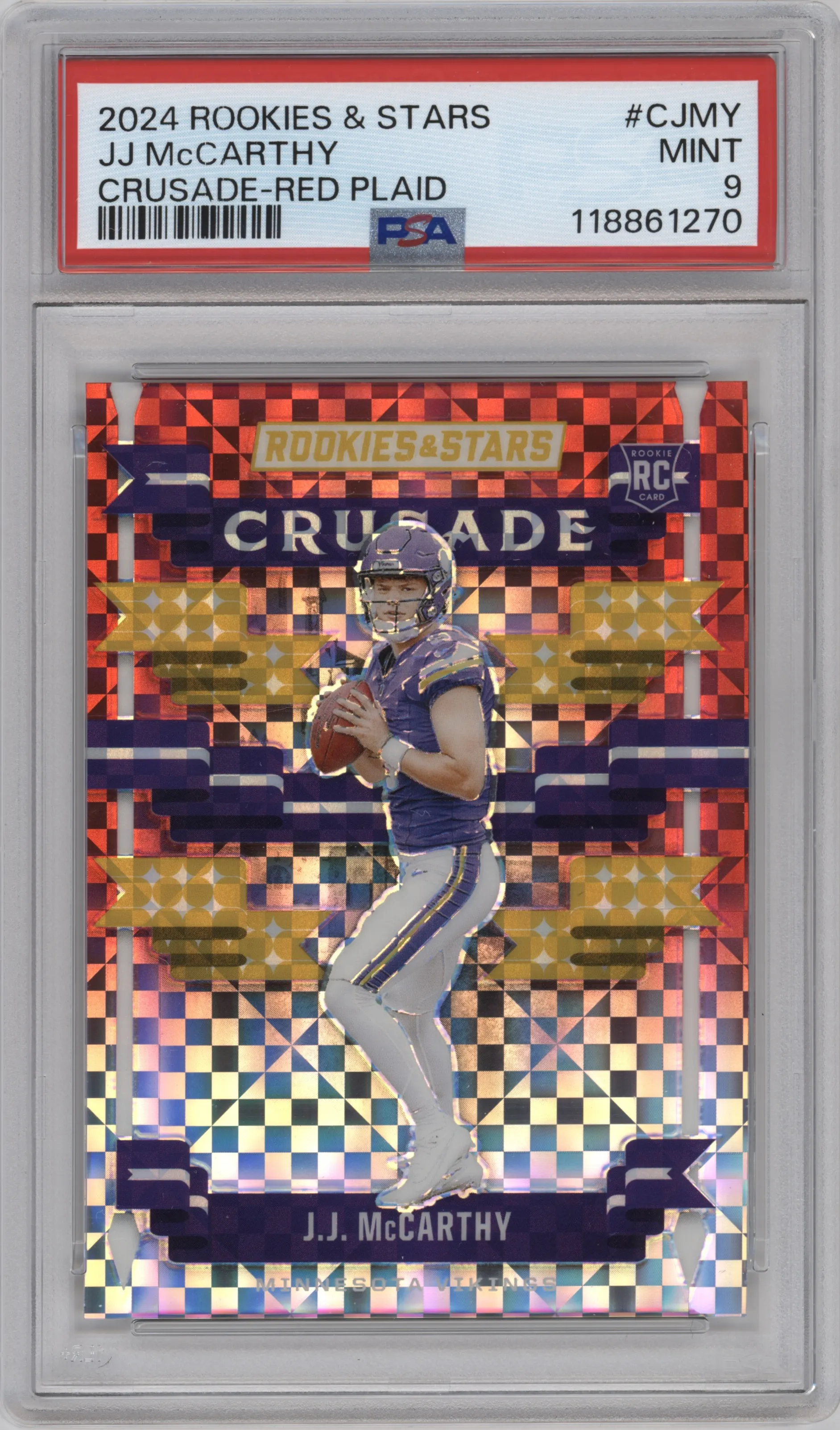 J.J. McCarthy from the 2024 Panini Rookies & Stars set featuring a Red Plaid parallel graded by PSA and given an overall grade of 9.