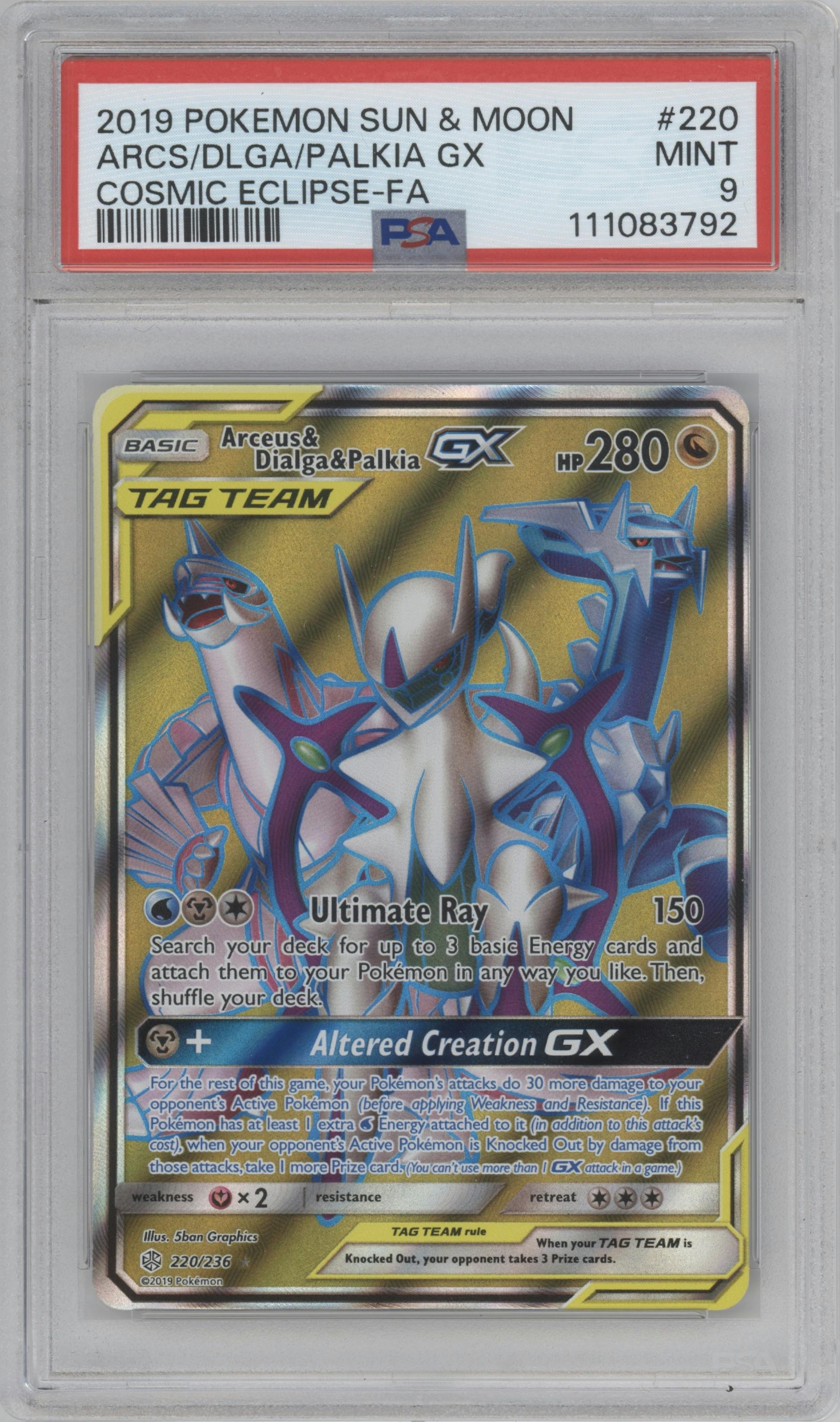 Arceus & Dialga & Palkia GX from the 2019 Pokemon S&M  set graded by PSA and given an overall grade of 9.