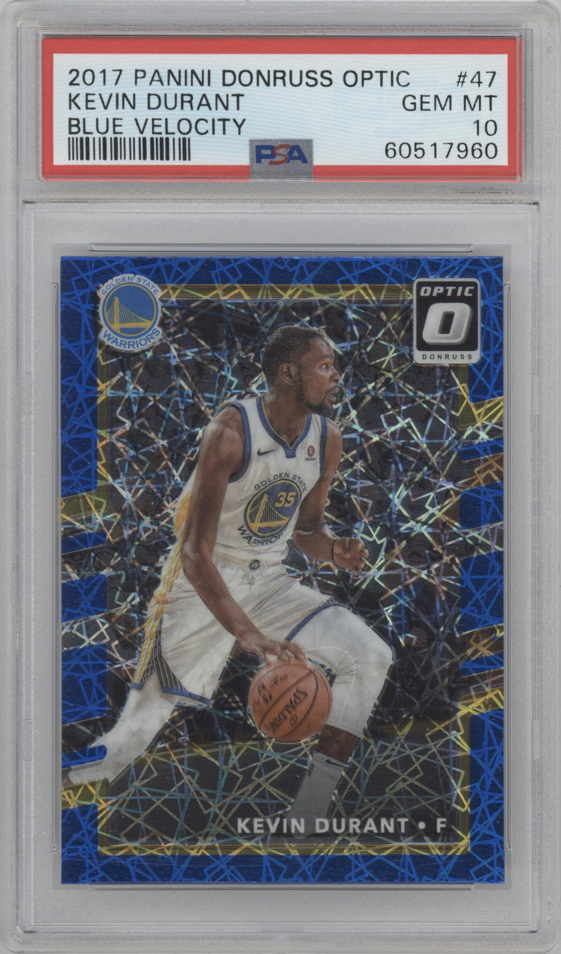 Kevin Durant from the 2017-18 Panini Donruss Optic set featuring a Blue Velocity parallel graded by PSA and given an overall grade of 10.