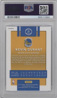 Kevin Durant from the 2017-18 Panini Donruss Optic set featuring a Blue Velocity parallel graded by PSA and given an overall grade of 10.