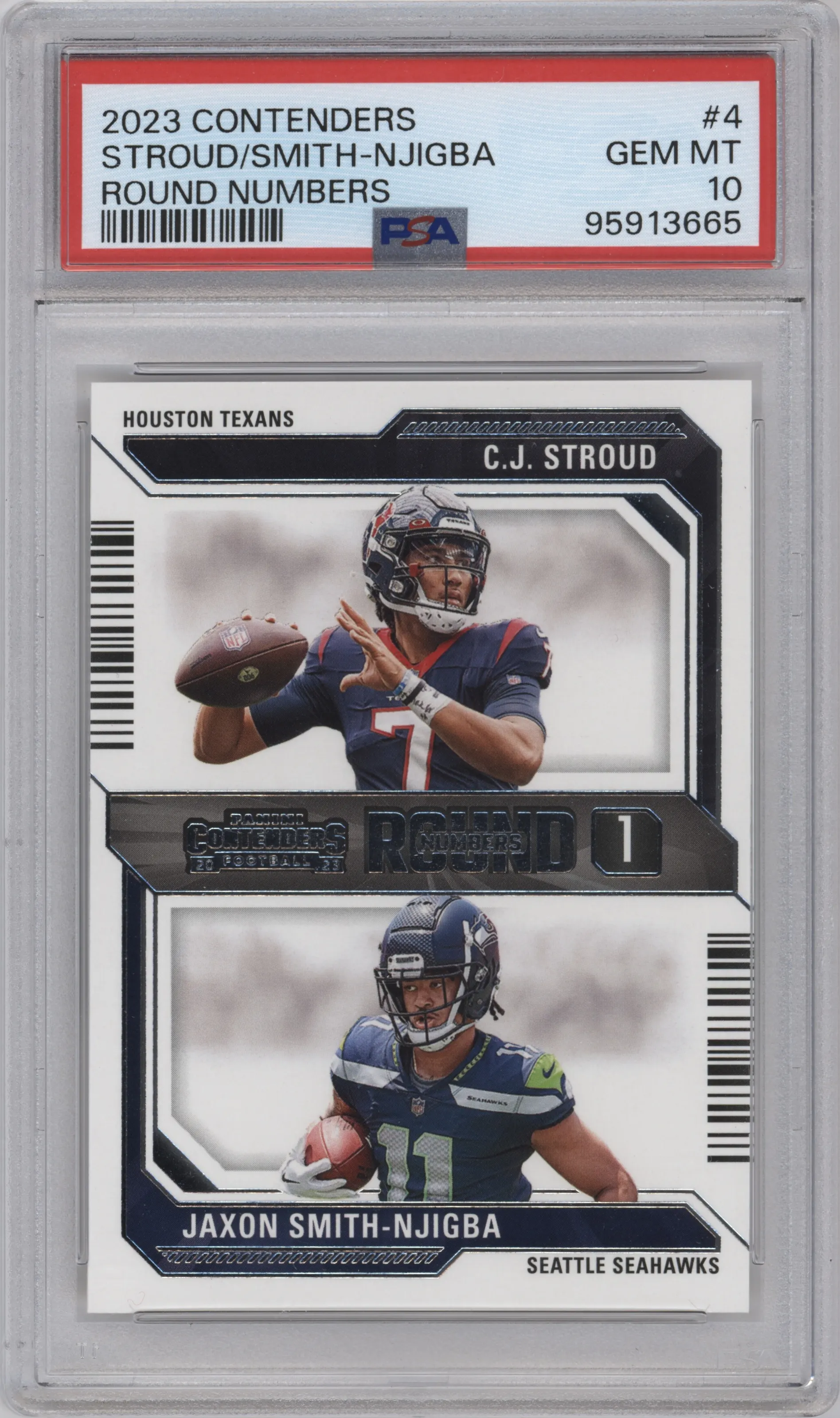 C.J. Stroud/Jaxon Smith-Njigba from the 2023 Panini Contenders set graded by PSA and given an overall grade of 10.