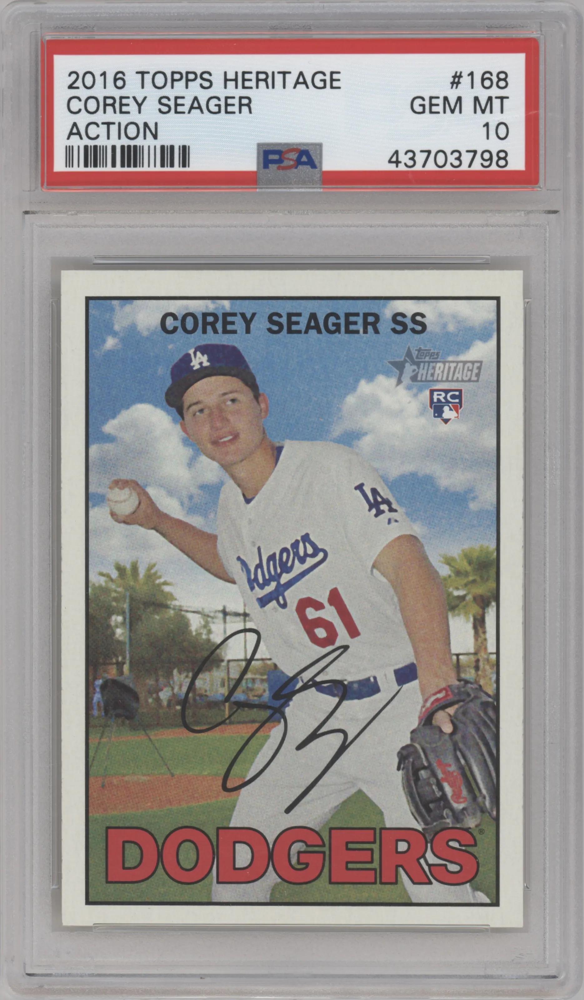 Corey Seager from the 2016 Topps Heritage set graded by PSA and given an overall grade of 10.