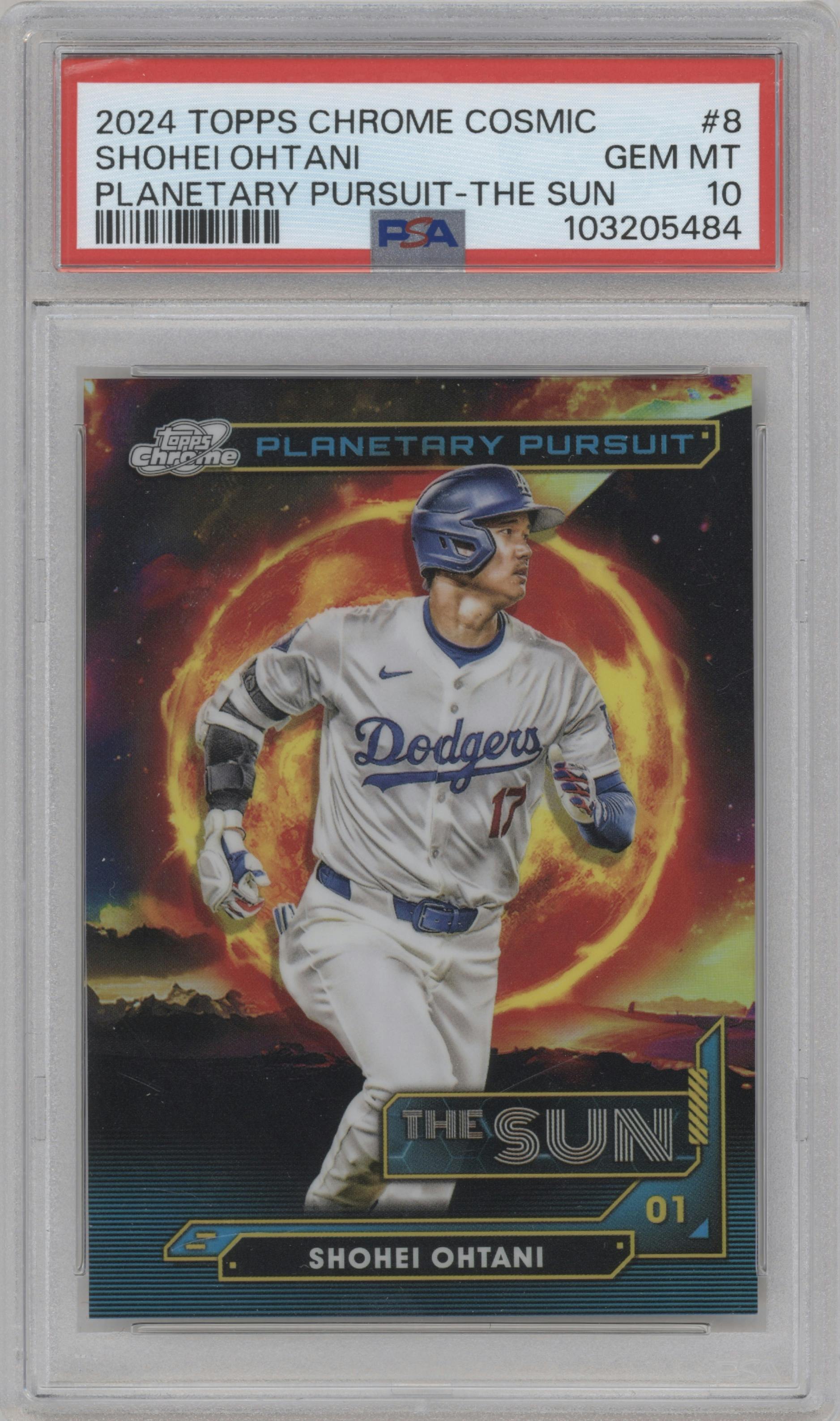 Shohei Ohtani from the 2024 Topps Cosmic Chrome set graded by PSA and given an overall grade of 10.