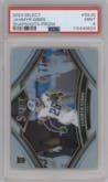 Jahmyr Gibbs from the 2023 Panini Select set featuring a Prizm parallel graded by PSA and given an overall grade of 9.