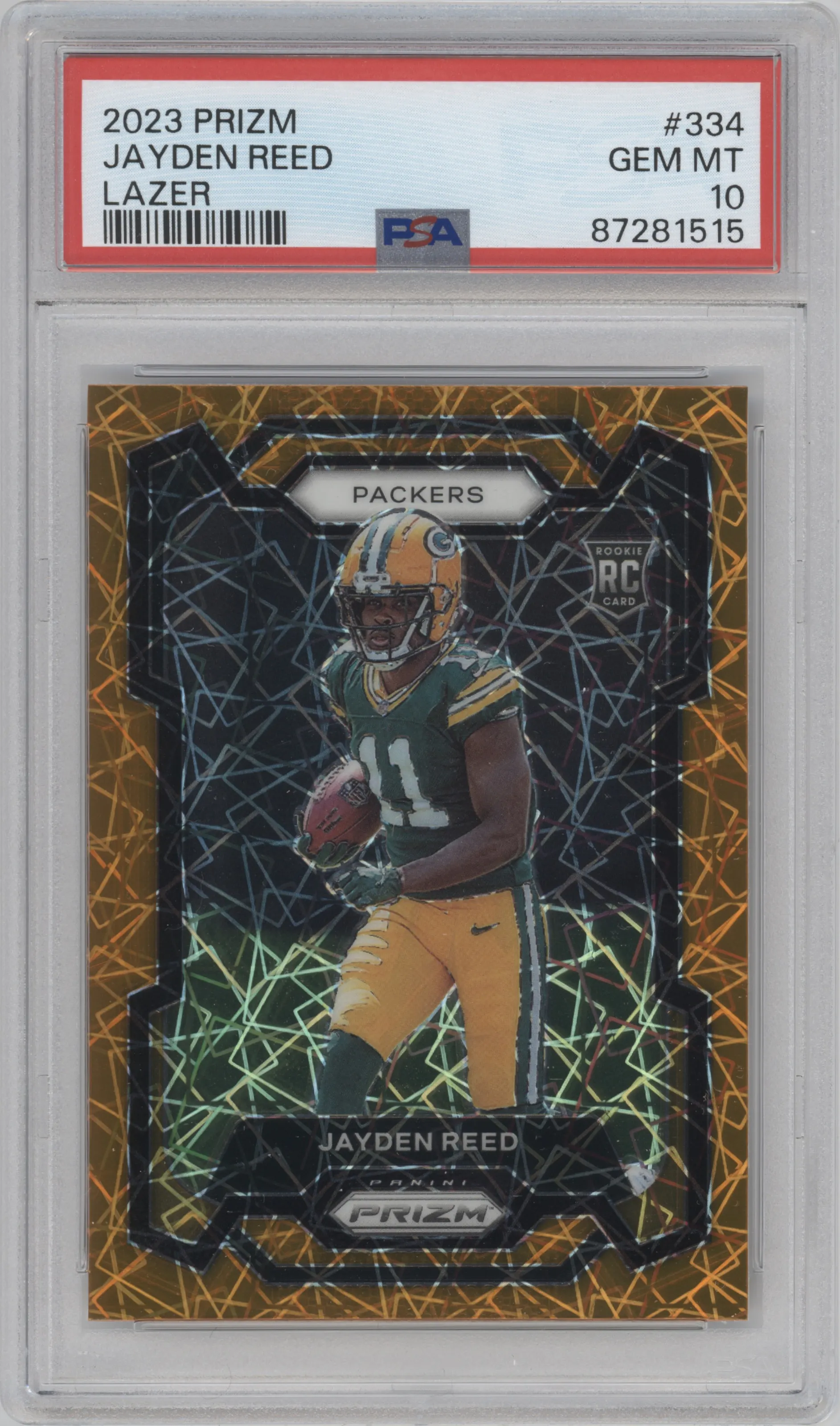 Jayden Reed from the 2023 Panini Prizm set featuring a Lazer parallel graded by PSA and given an overall grade of 10.