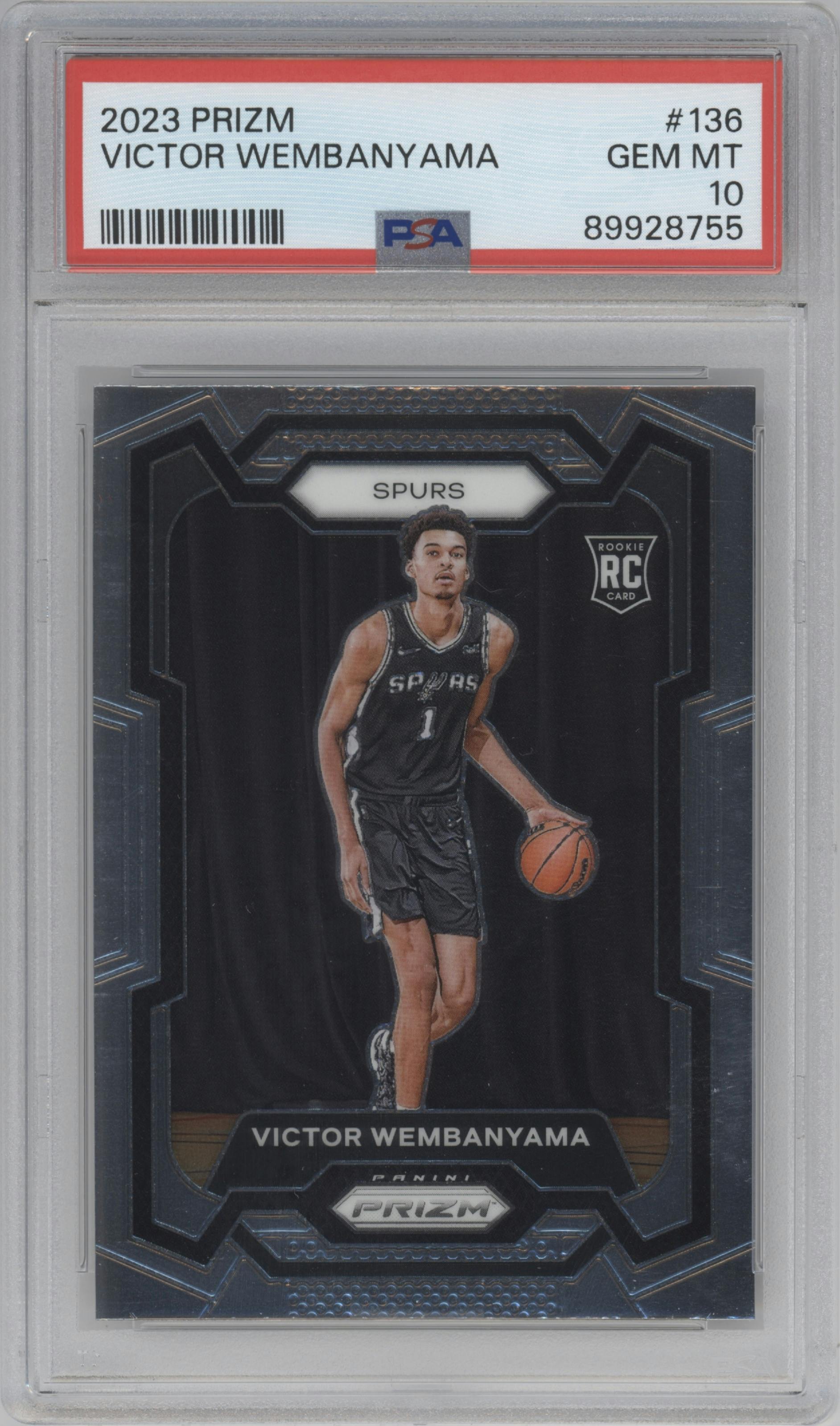 Victor Wembanyama from the 2023-24 Panini Prizm set graded by PSA and given an overall grade of 10.