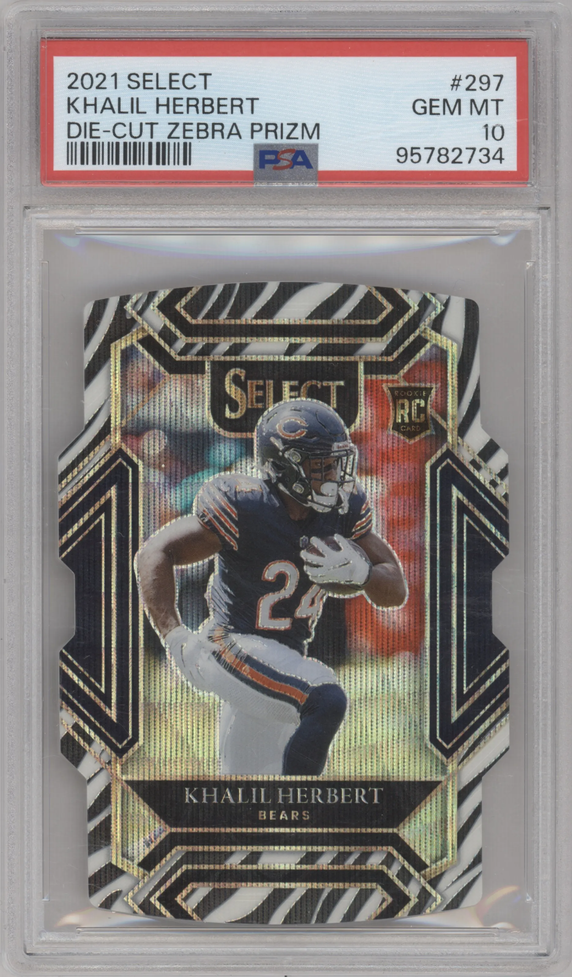 Khalil Herbert from the 2021 Panini Select set featuring a Die-Cut Zebra parallel graded by PSA and given an overall grade of 10.