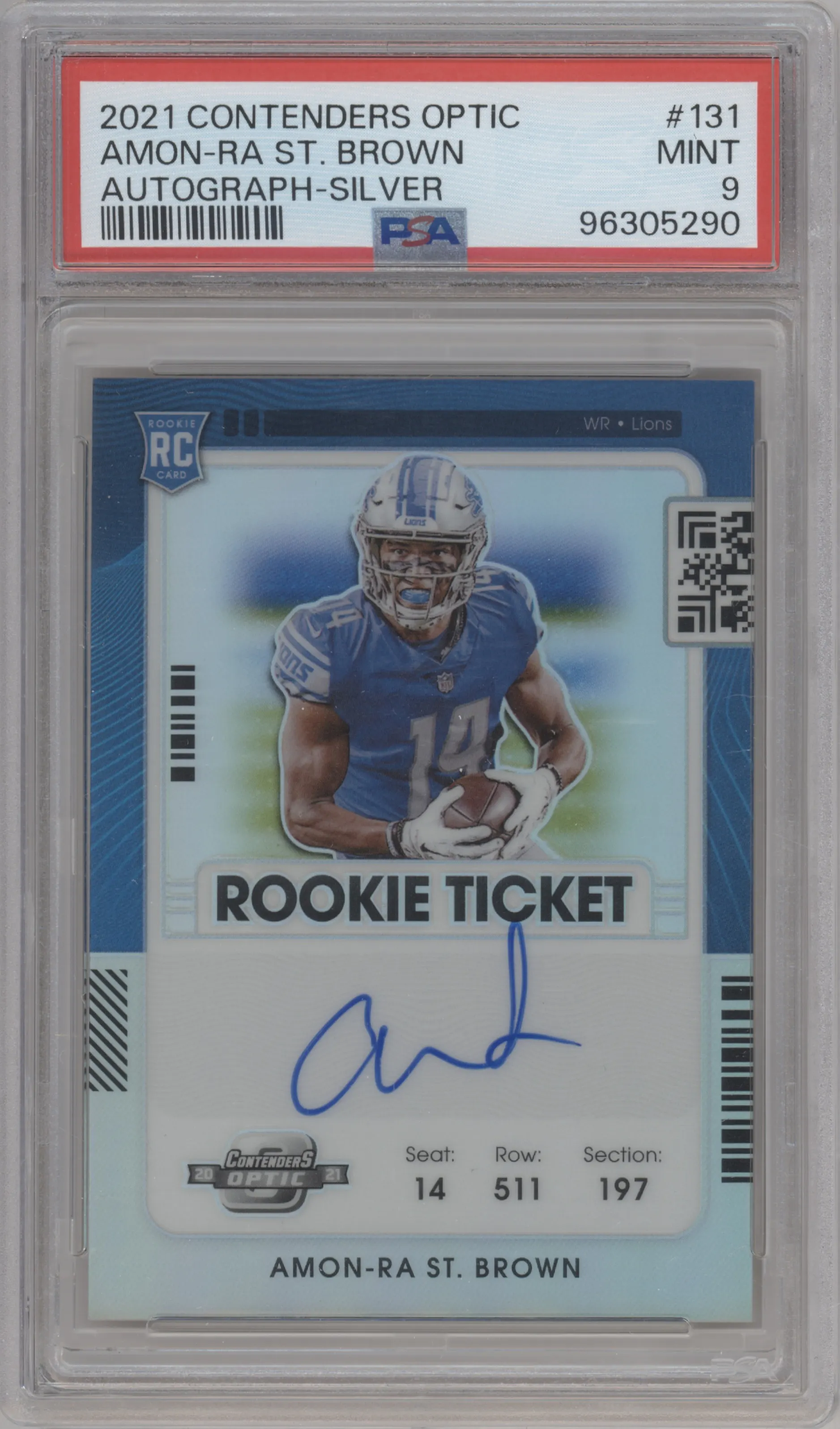 Amon-Ra St. Brown from the 2021 Panini Contenders Optic set featuring a Silver parallel graded by PSA and given an overall grade of 9.