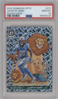 Jahmyr Gibbs from the 2023 Donruss Optic set graded by PSA and given an overall grade of 10.