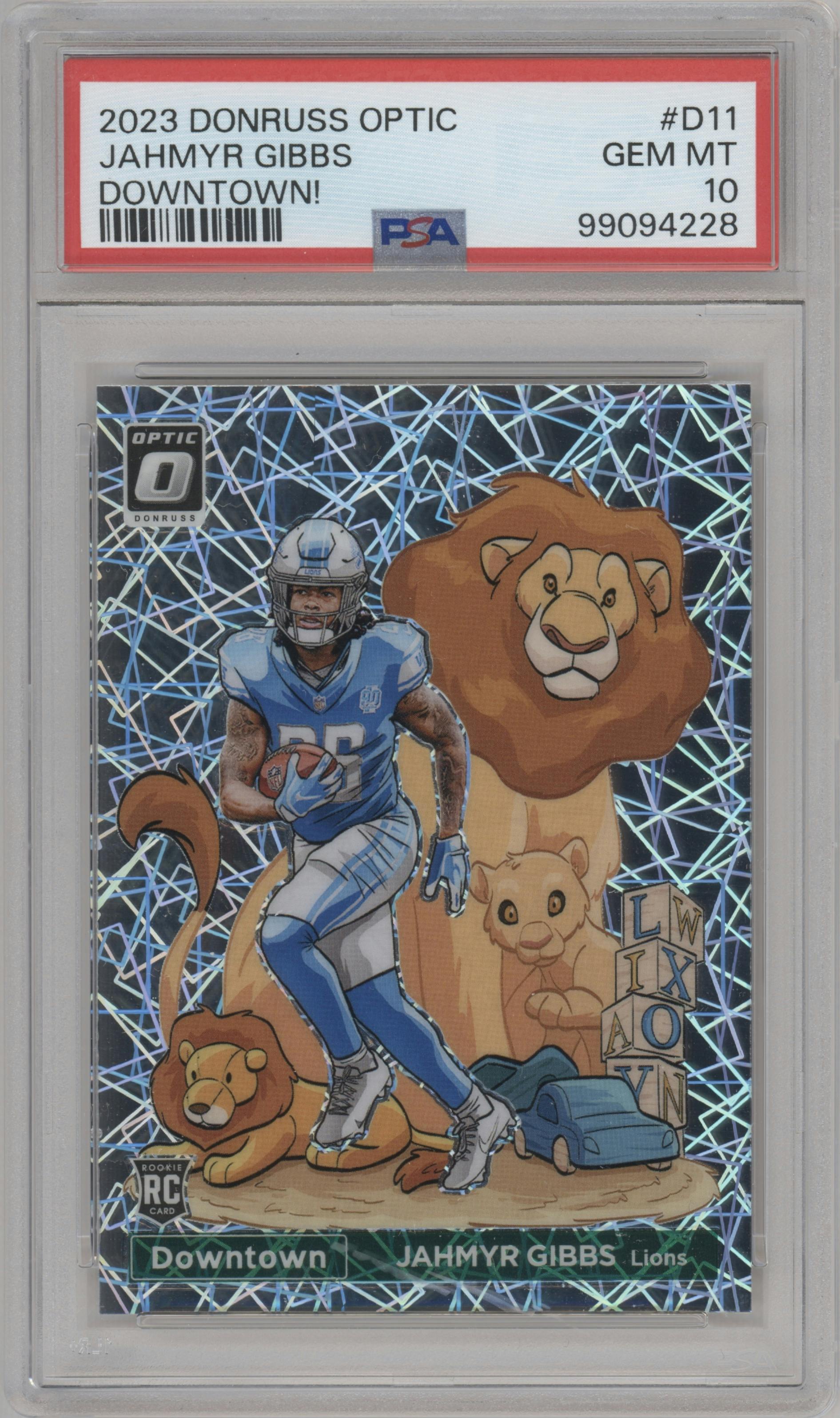 Jahmyr Gibbs from the 2023 Donruss Optic set graded by PSA and given an overall grade of 10.