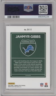 Jahmyr Gibbs from the 2023 Donruss Optic set graded by PSA and given an overall grade of 10.