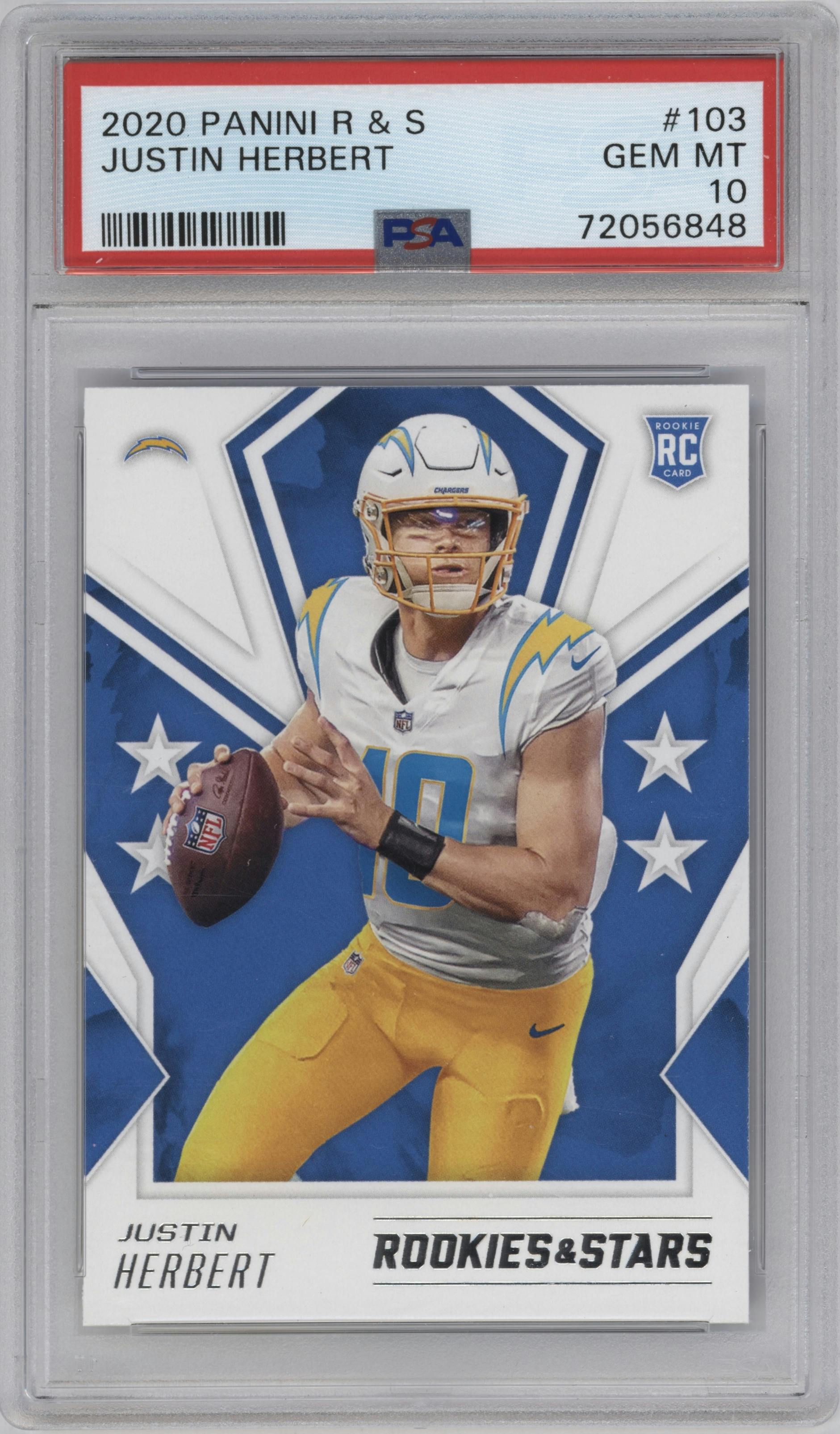 Justin Herbert from the 2020 Panini Rookies & Stars set graded by PSA and given an overall grade of 10.