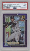 Paul Skenes from the 2024 Bowman Mega Box set featuring a Purple Refractor parallel graded by PSA and given an overall grade of 9.